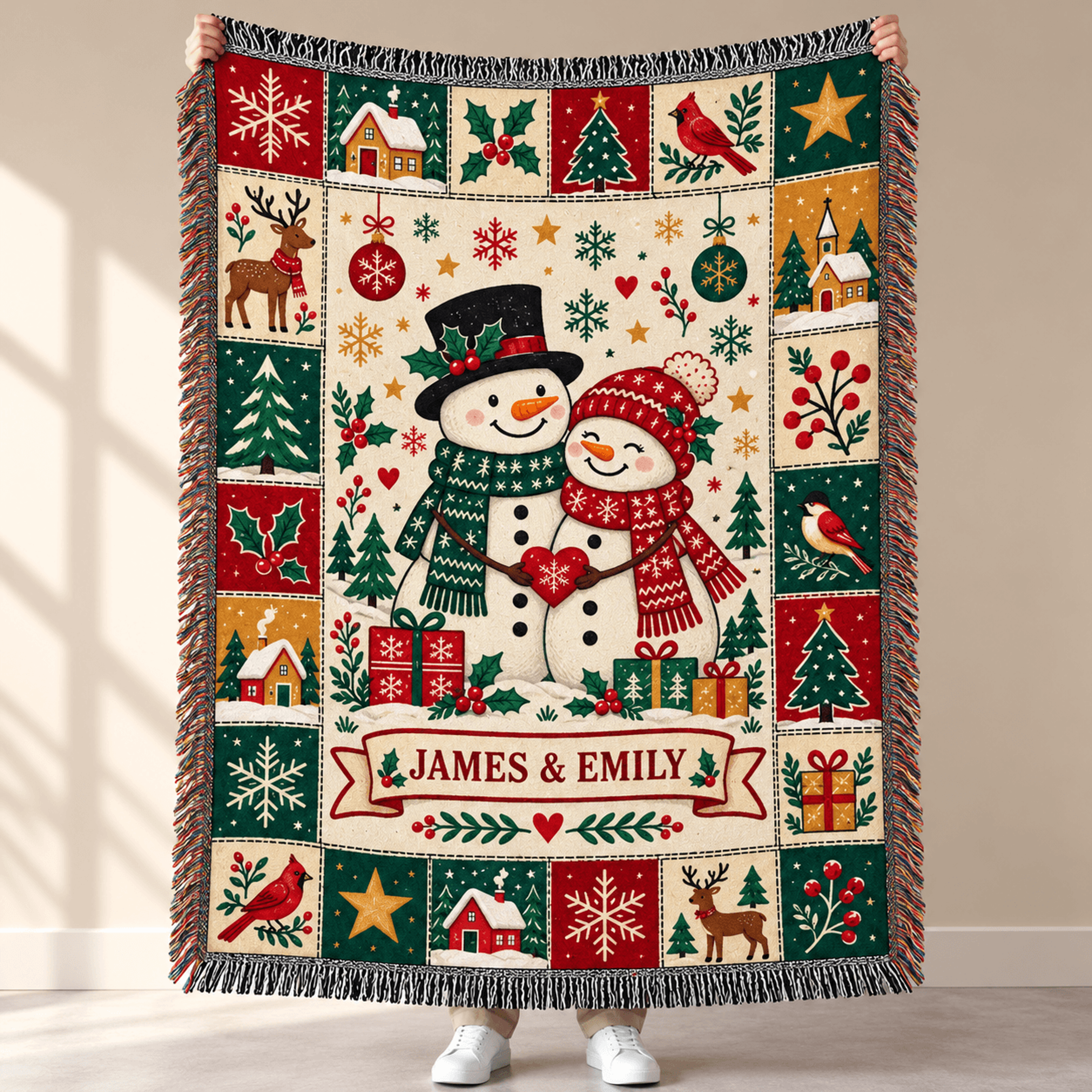 Personalized Christmas Snowman Woven Blanket Custom Couple Names Holiday Throw Vintage Snowman Chri 0