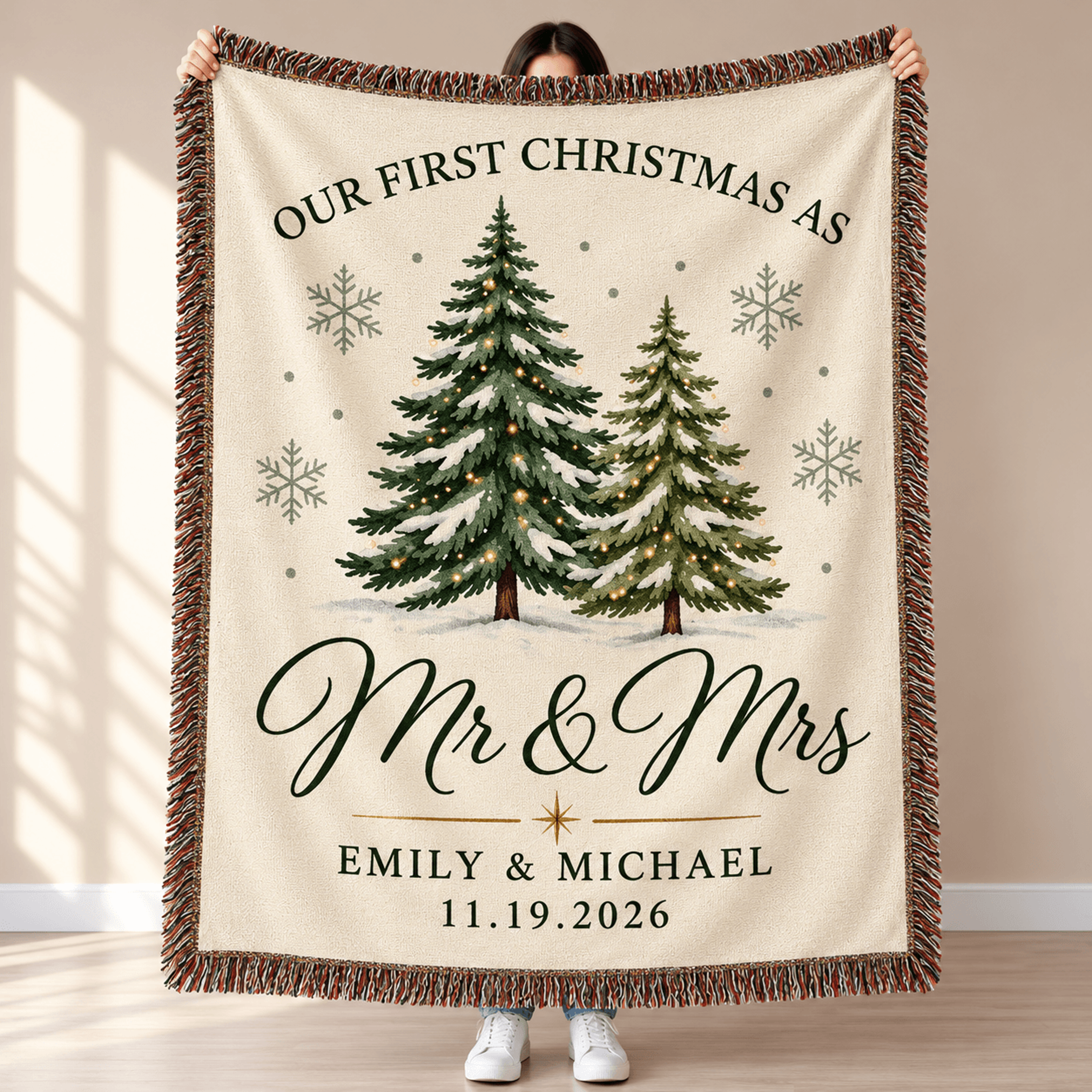 Personalized Our First Christmas As Mr And Mrs Woven Blanket Custom Couple Names Wedding Date Throw 0