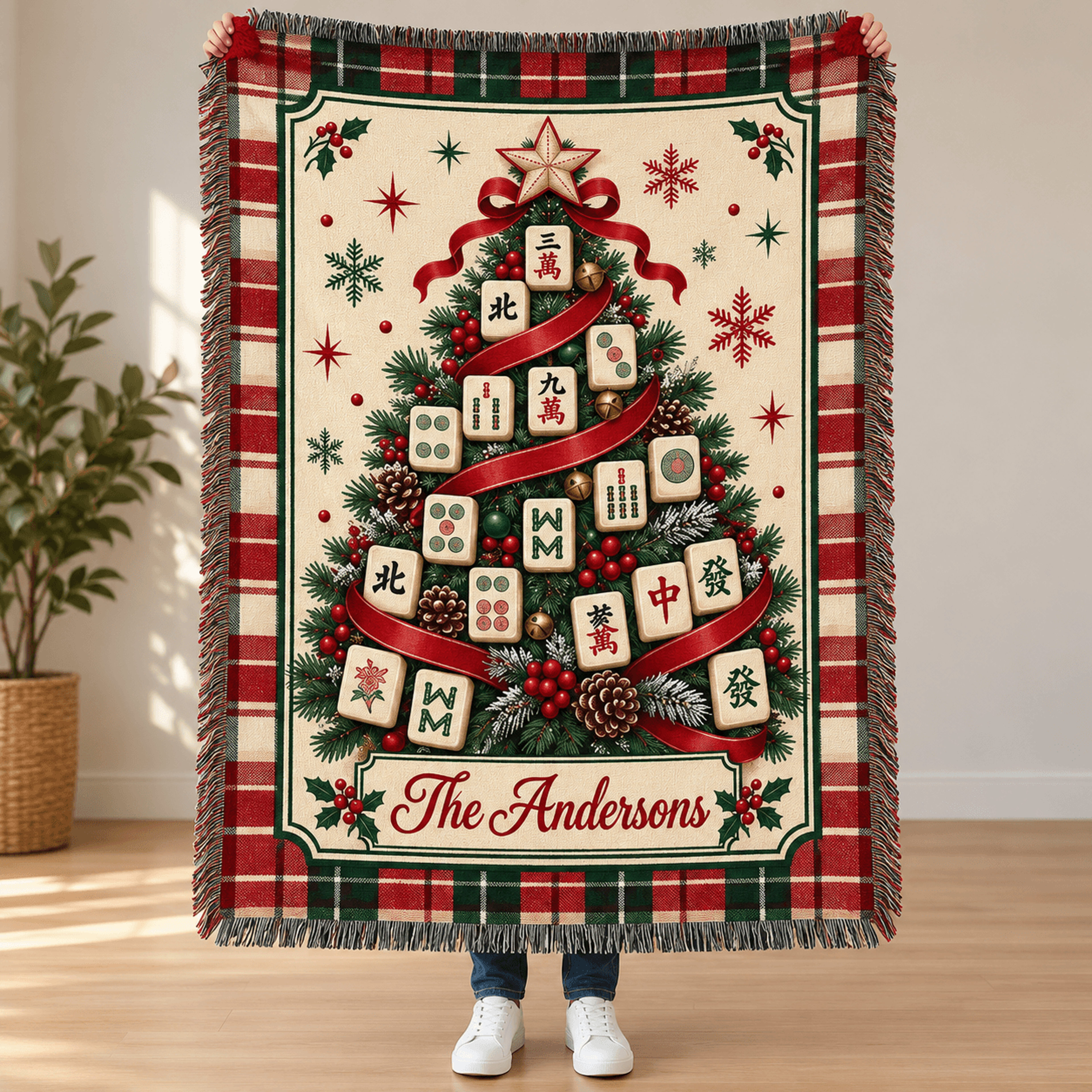 Personalized Christmas Mahjong Woven Blanket Custom Family Name Holiday Throw Mahjong Christmas Tre 0