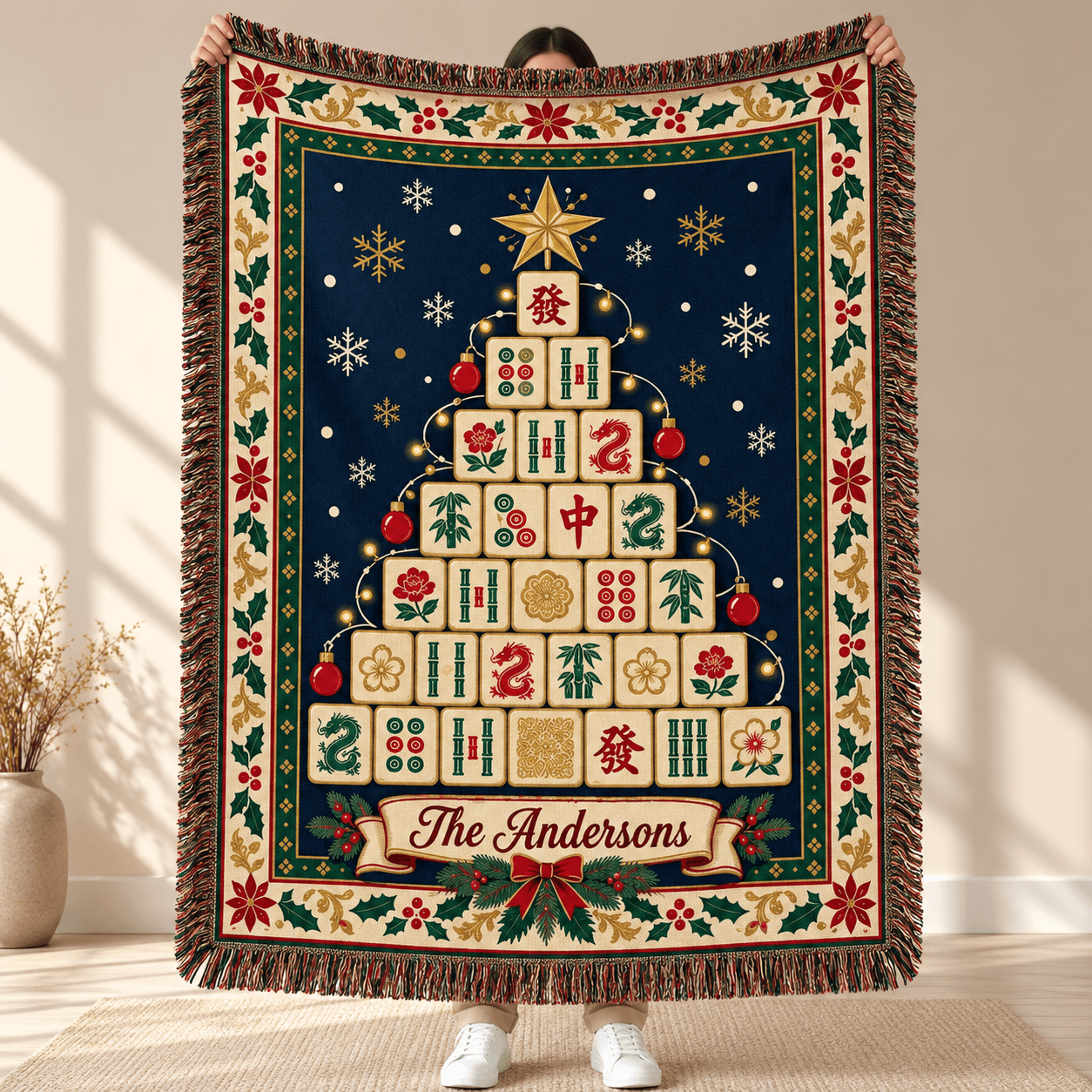 Personalized Mahjong Christmas Tree Woven Blanket Custom Family Name Holiday Throw Festive Mahjong  0