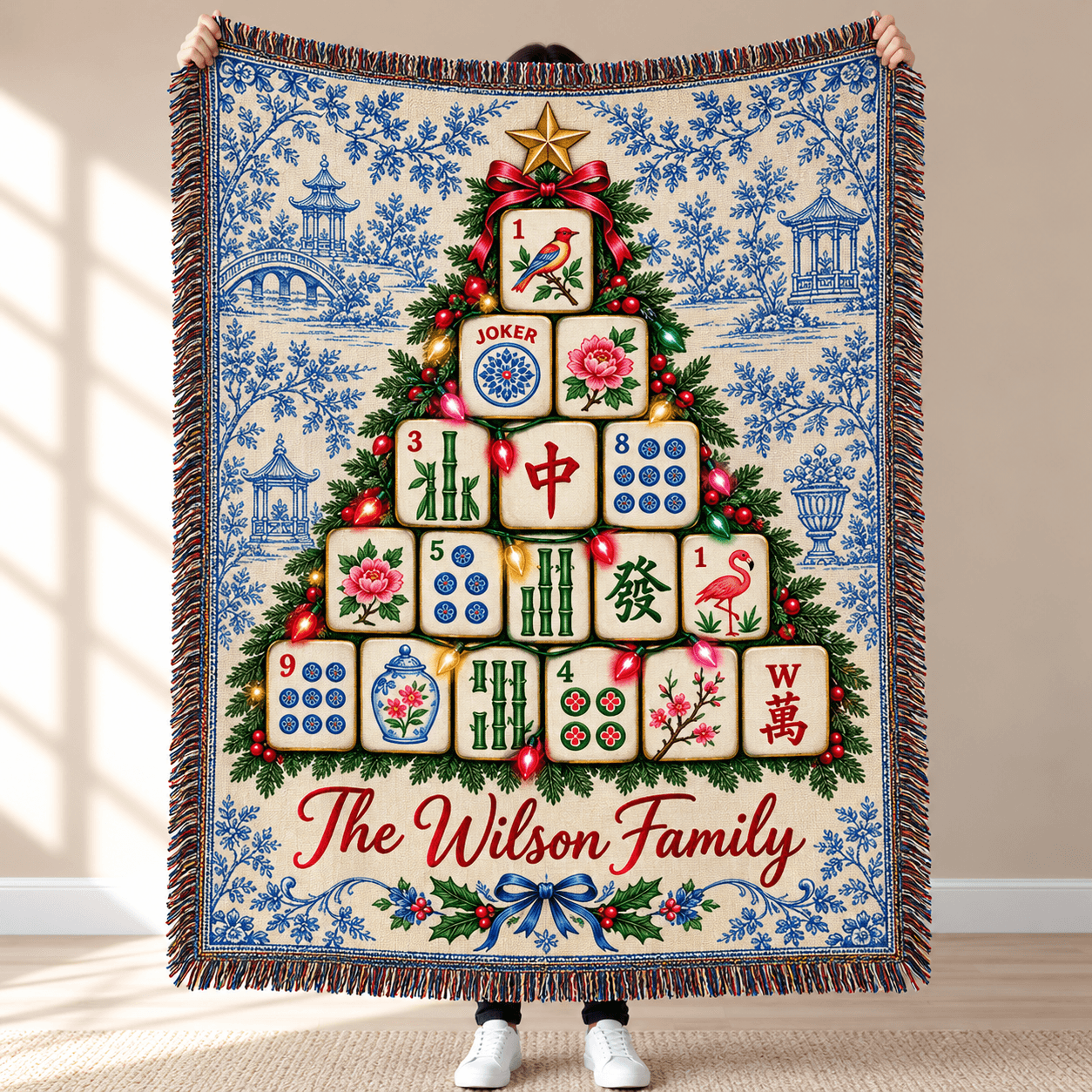 Personalized Mahjong Christmas Tree Woven Blanket Custom Family Name Holiday Throw Blue Chinoiserie 0