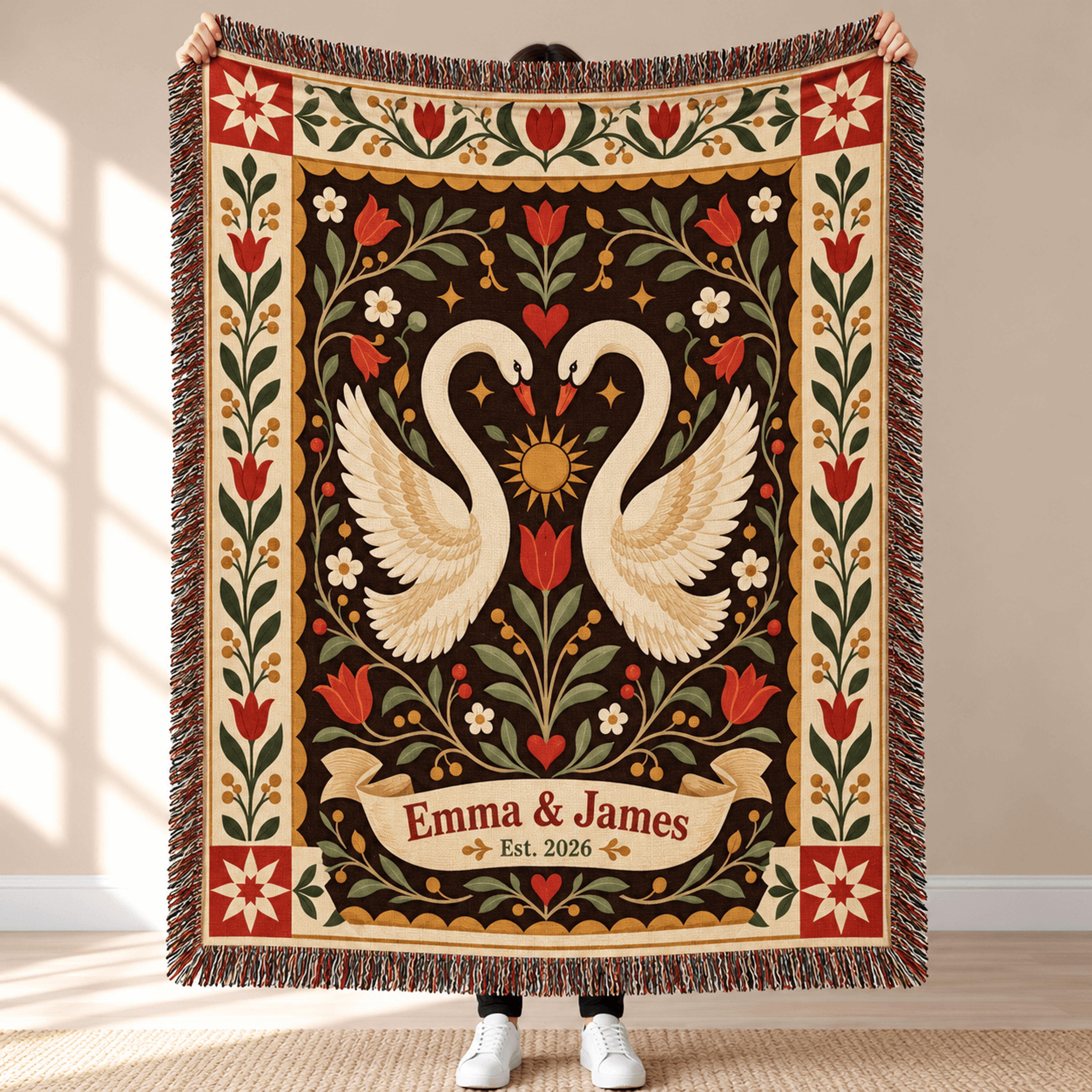 Personalized Swan Couple Woven Blanket Custom Names And Year Romantic Folk Art Throw Floral Wedding 0