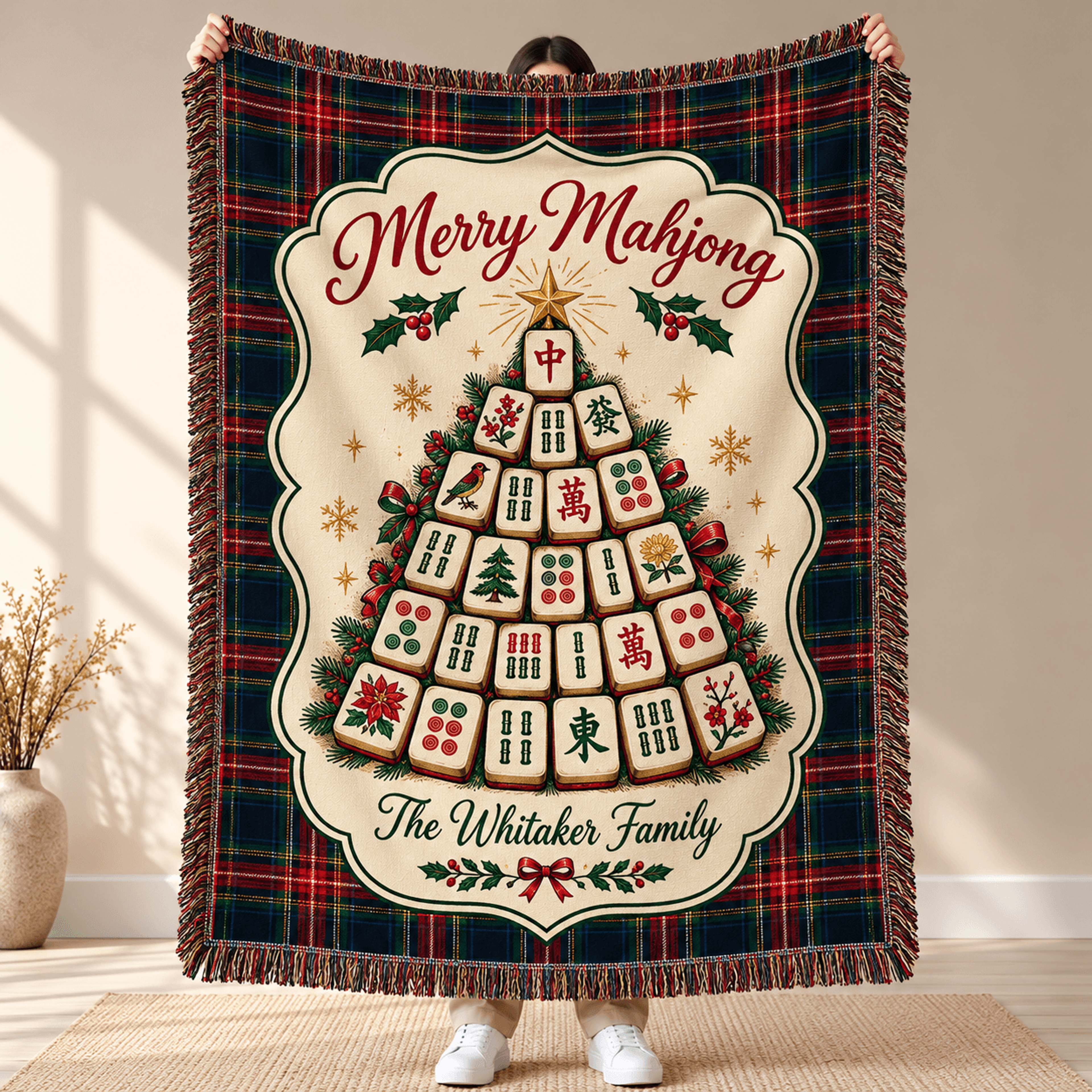 Personalized Merry Mahjong Christmas Woven Blanket Custom Family Name Mahjong Tree Throw Plaid Holi 0