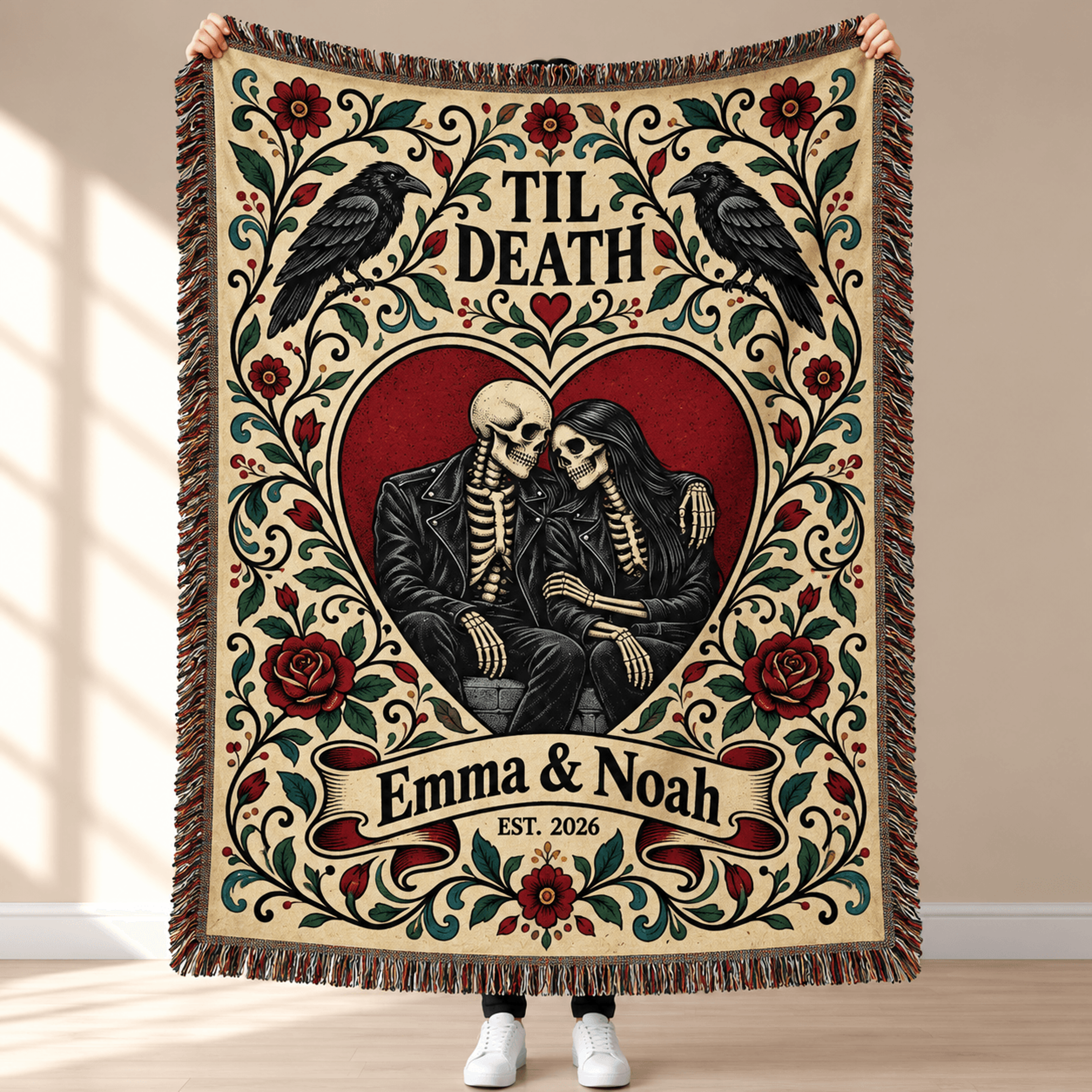 Personalized Til Death Skeleton Couple Woven Blanket Custom Names Gothic Romance Throw Dark Love We 0