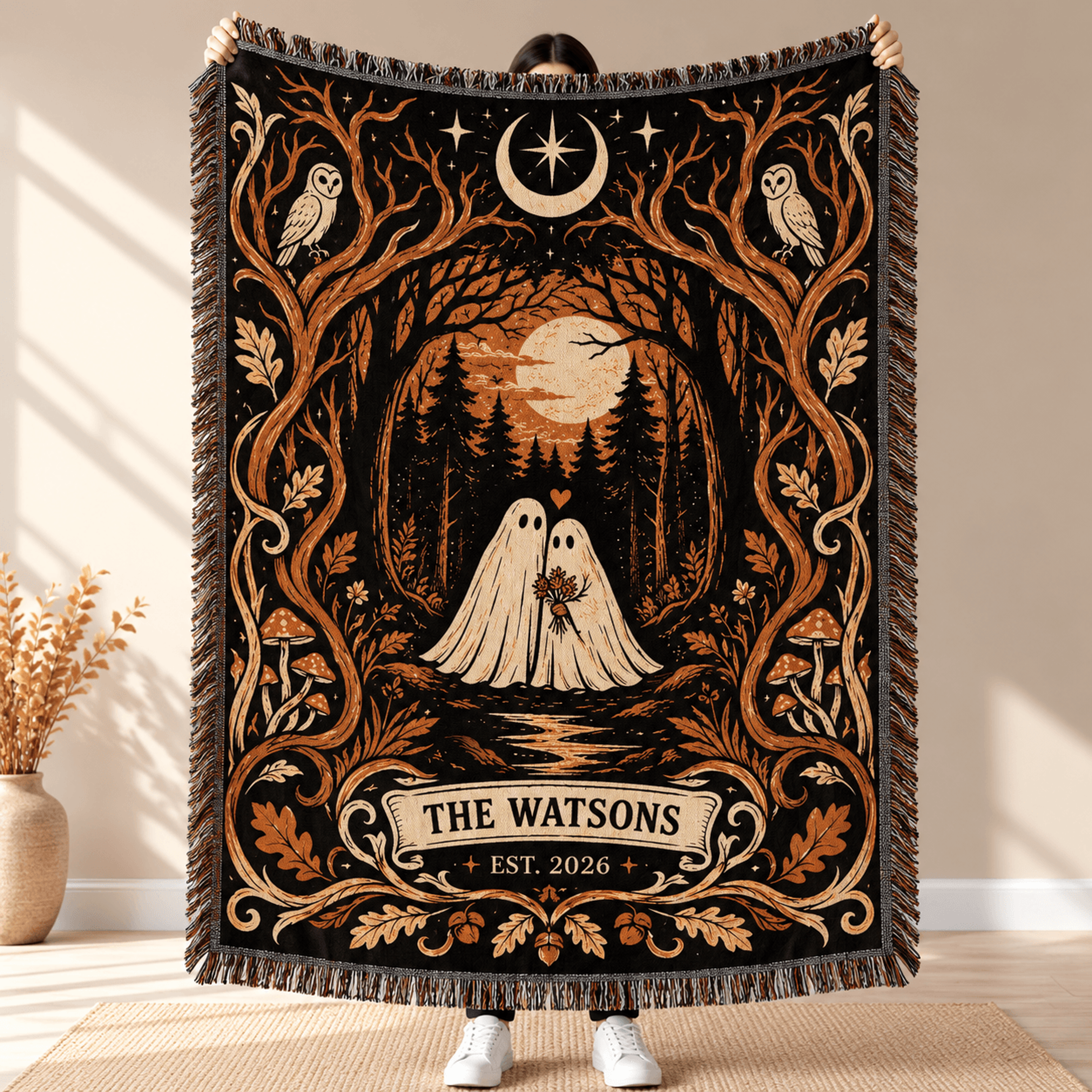 Personalized Ghost Couple Woven Blanket Custom Family Name  Year Romantic Halloween Forest Throw Sp 0