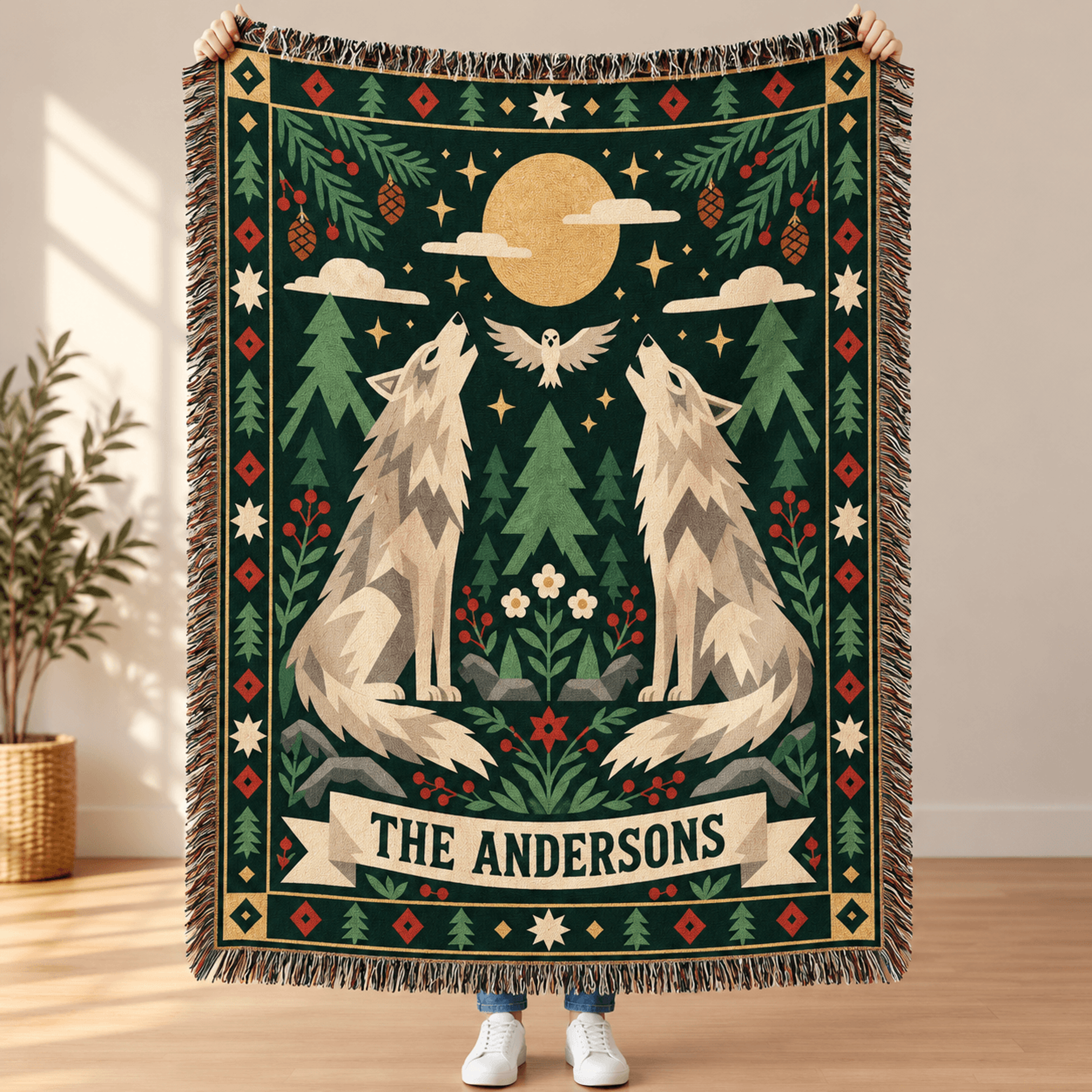 Personalized Wolf Family Woven Blanket Custom Family Name Moonlit Wolves Throw Woodland Wildlife Gi 0