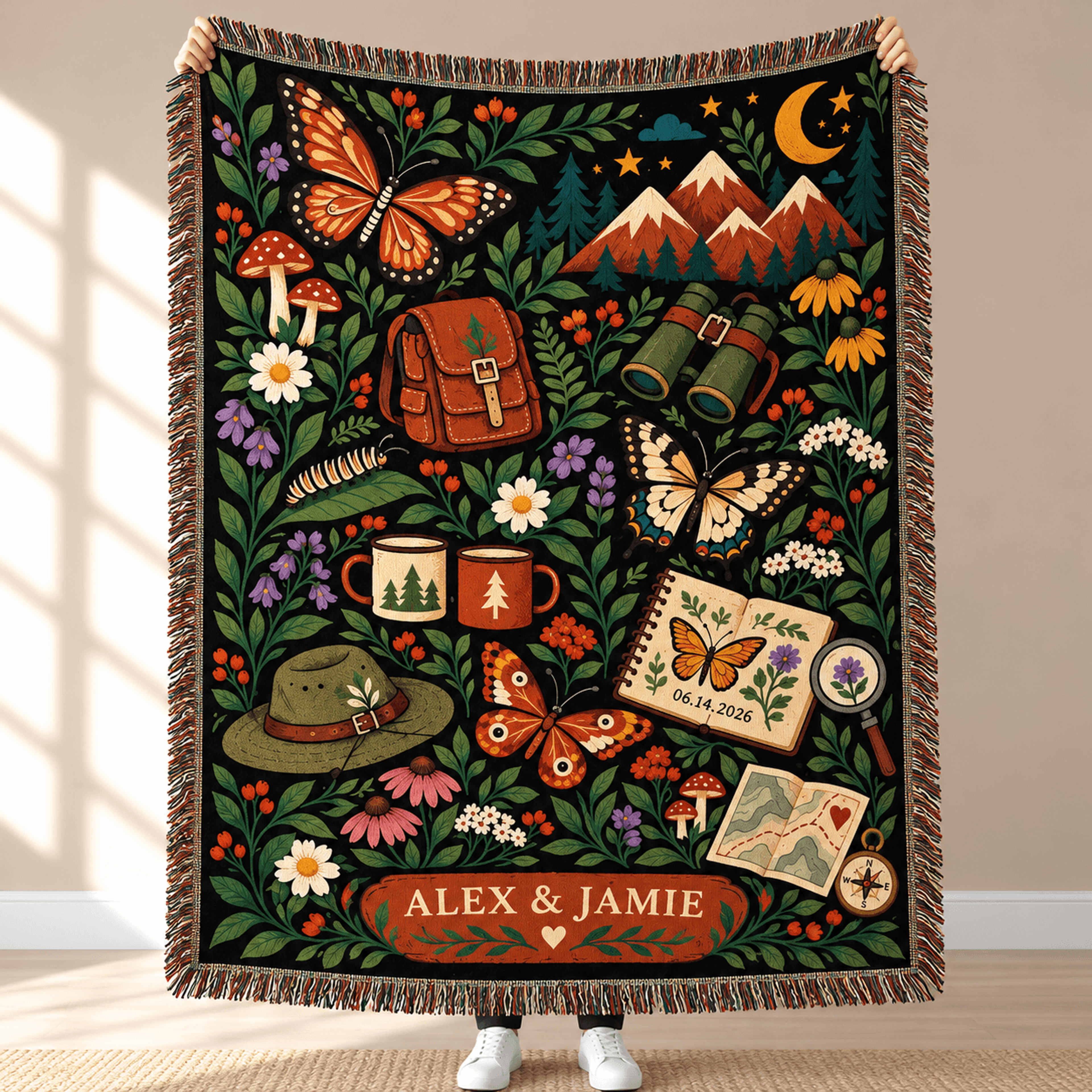 Personalized Adventure Woven Blanket Custom Couple Names Butterfly Nature Throw Hiking Camping Gift 0
