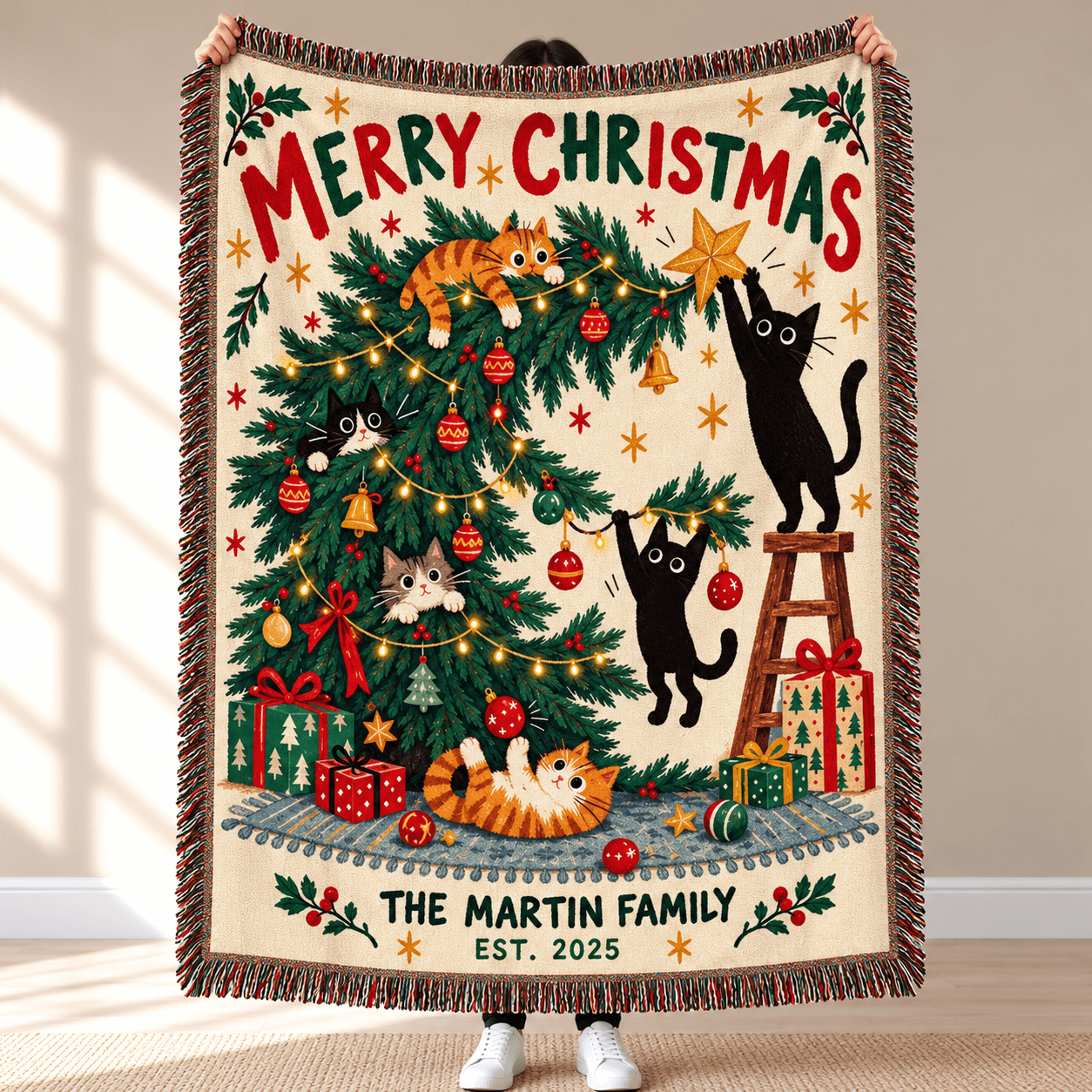 Personalized Christmas Cat Woven Blanket Custom Family Name Holiday Throw Funny Kittens Christmas T 0