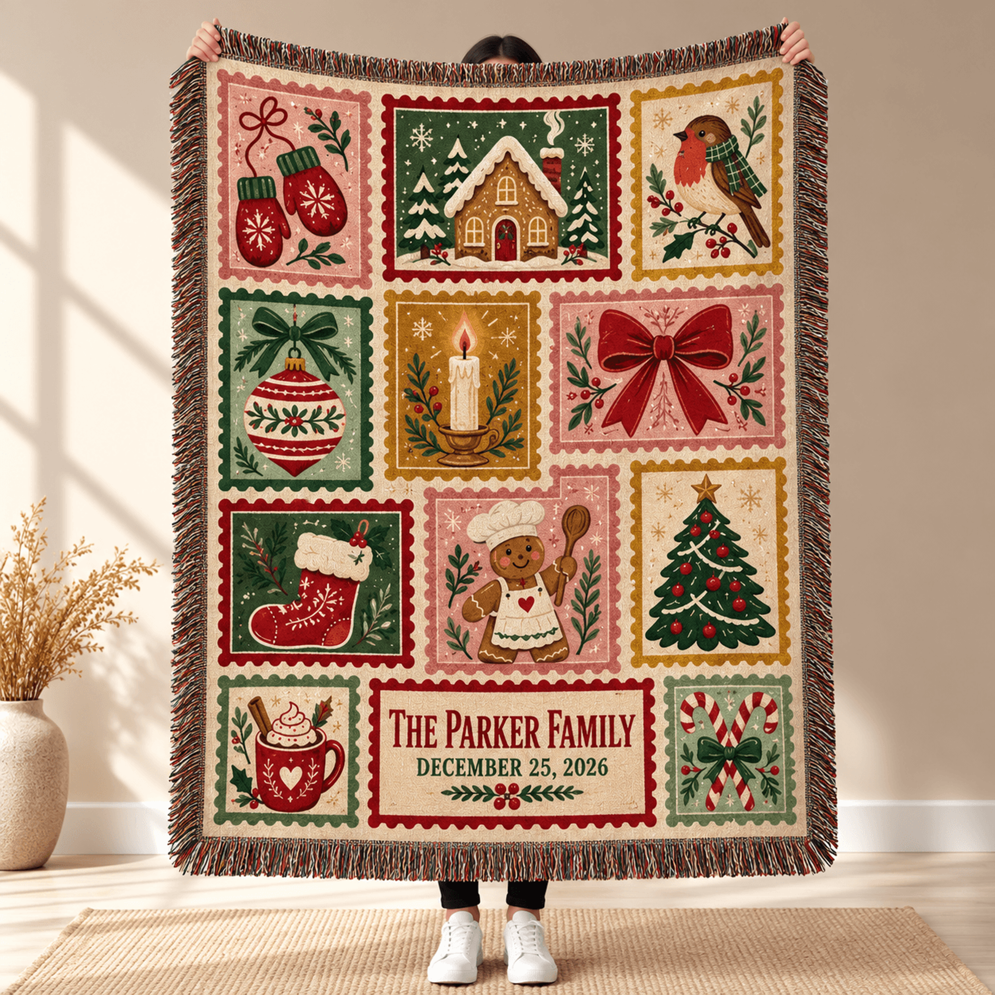 Personalized Christmas Woven Blanket Custom Family Name Holiday Patchwork Throw Gingerbread Christm 0