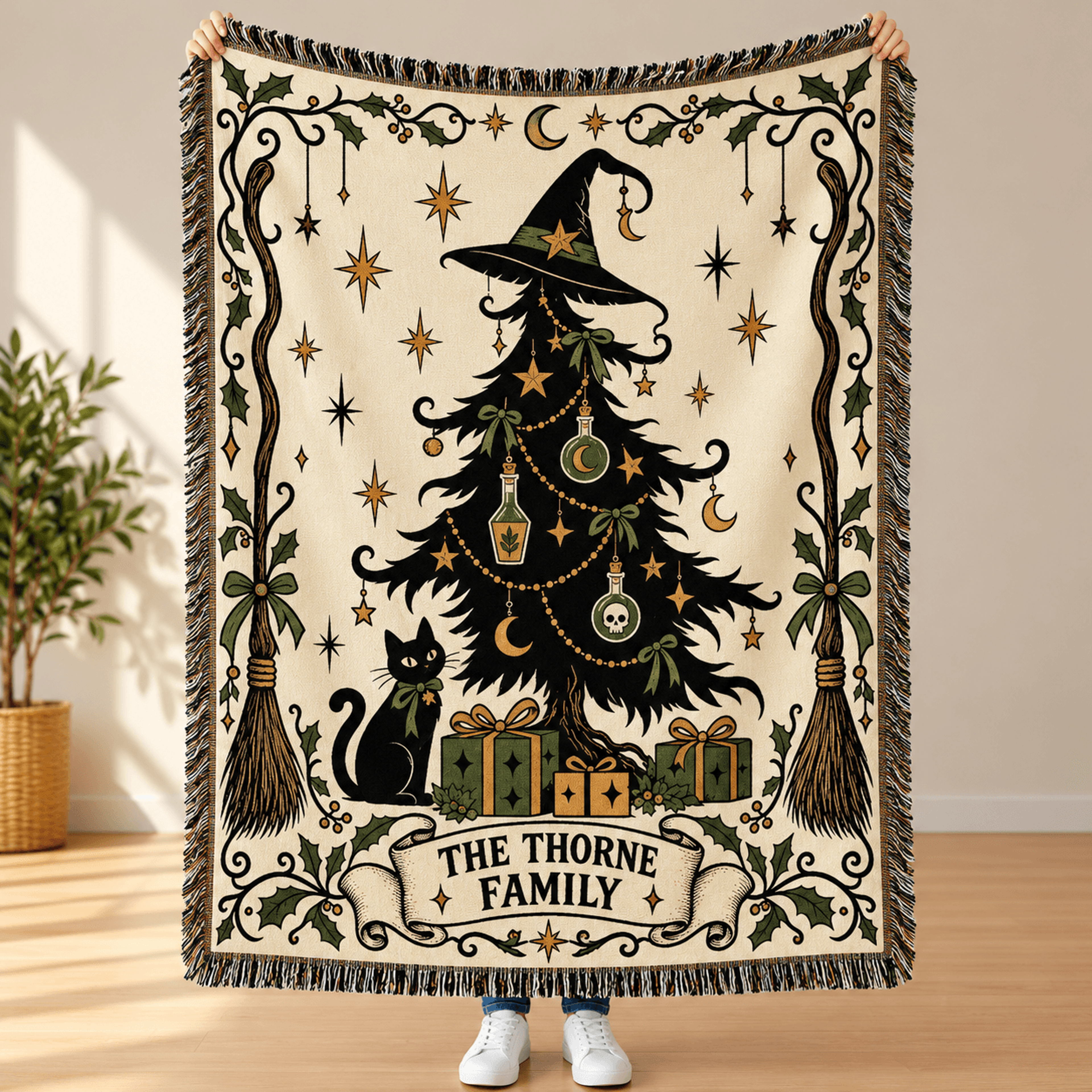 Personalized Witchy Christmas Woven Blanket Custom Family Name Gothic Tree Throw Black Cat Holiday  0