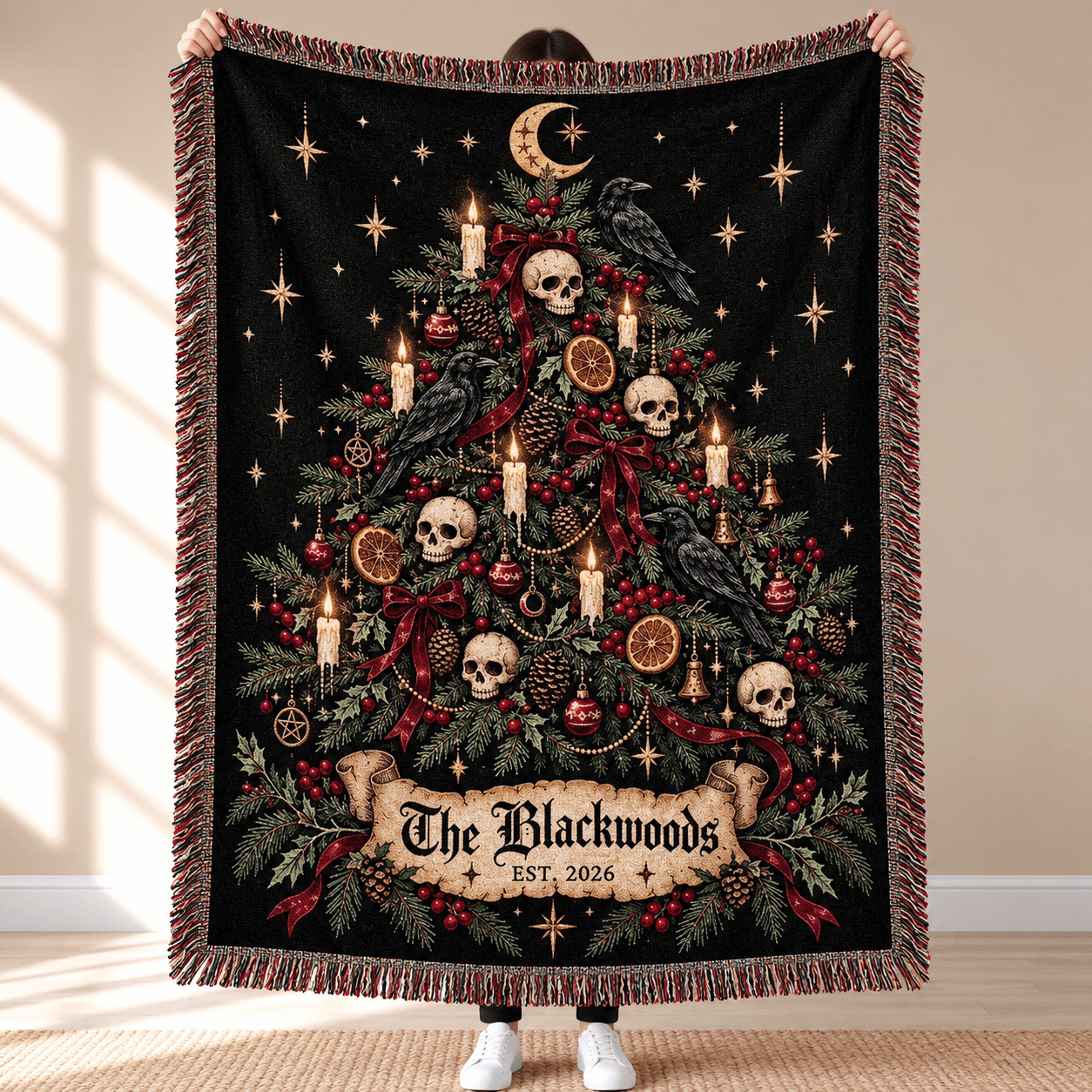 Personalized Gothic Christmas Woven Blanket Custom Family Name Skull Christmas Tree Throw Raven Hol 0