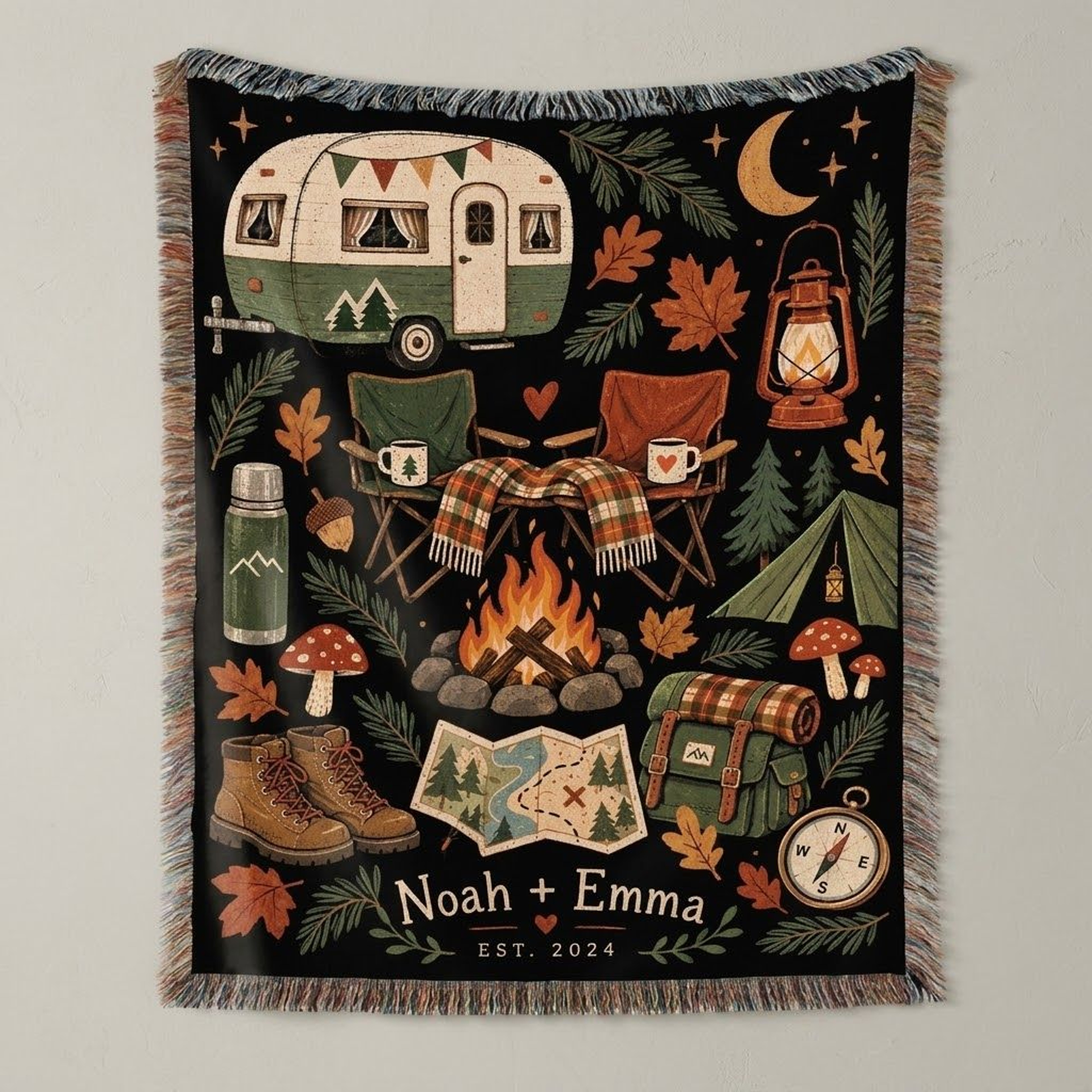 Personalized Camping Woven Blanket Custom Couple Names Campfire Throw Vintage RV Adventure Gift Coz 0