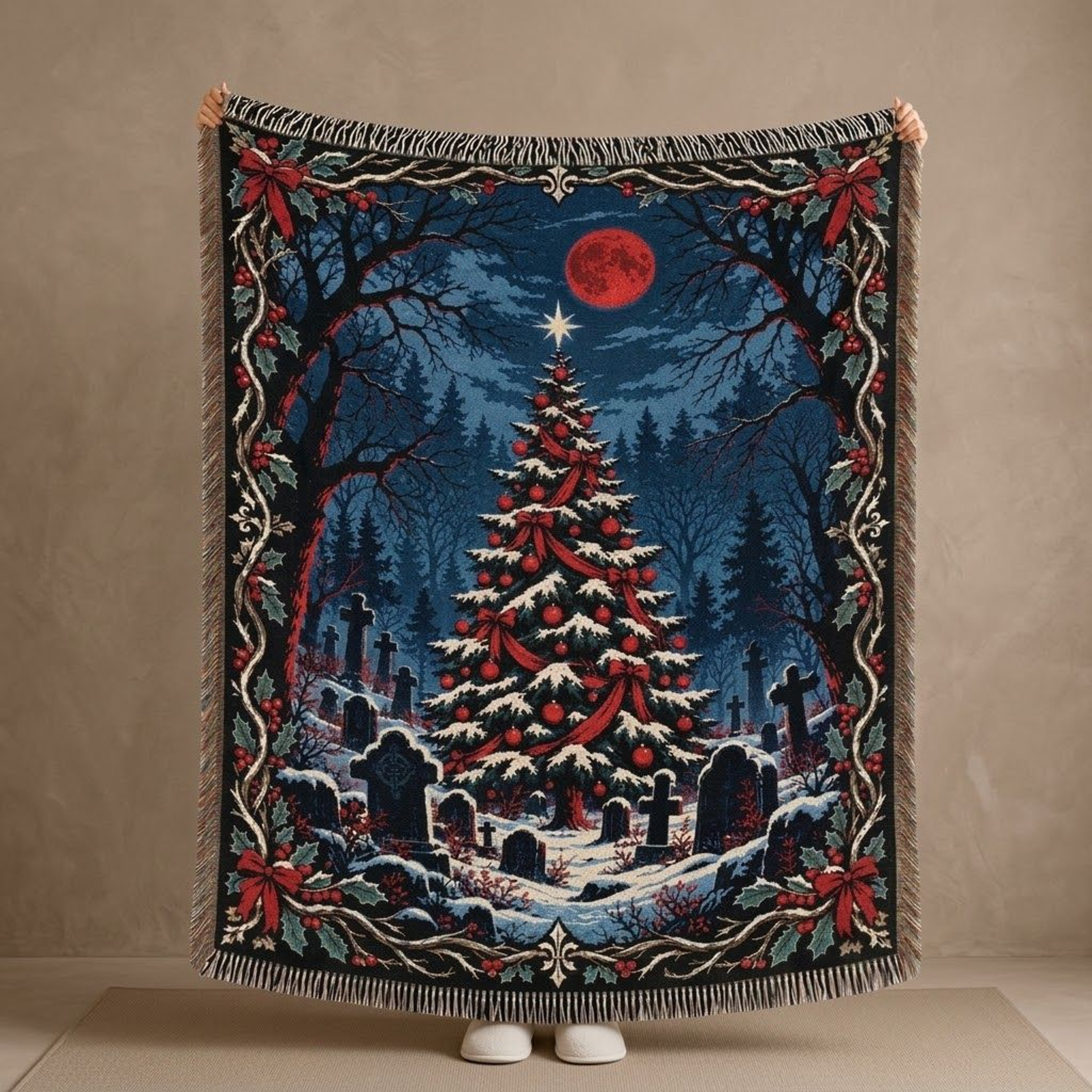 Gothic Christmas Woven Blanket Dark Christmas Tree Graveyard Throw Red Moon Winter Cemetery Decor S 0