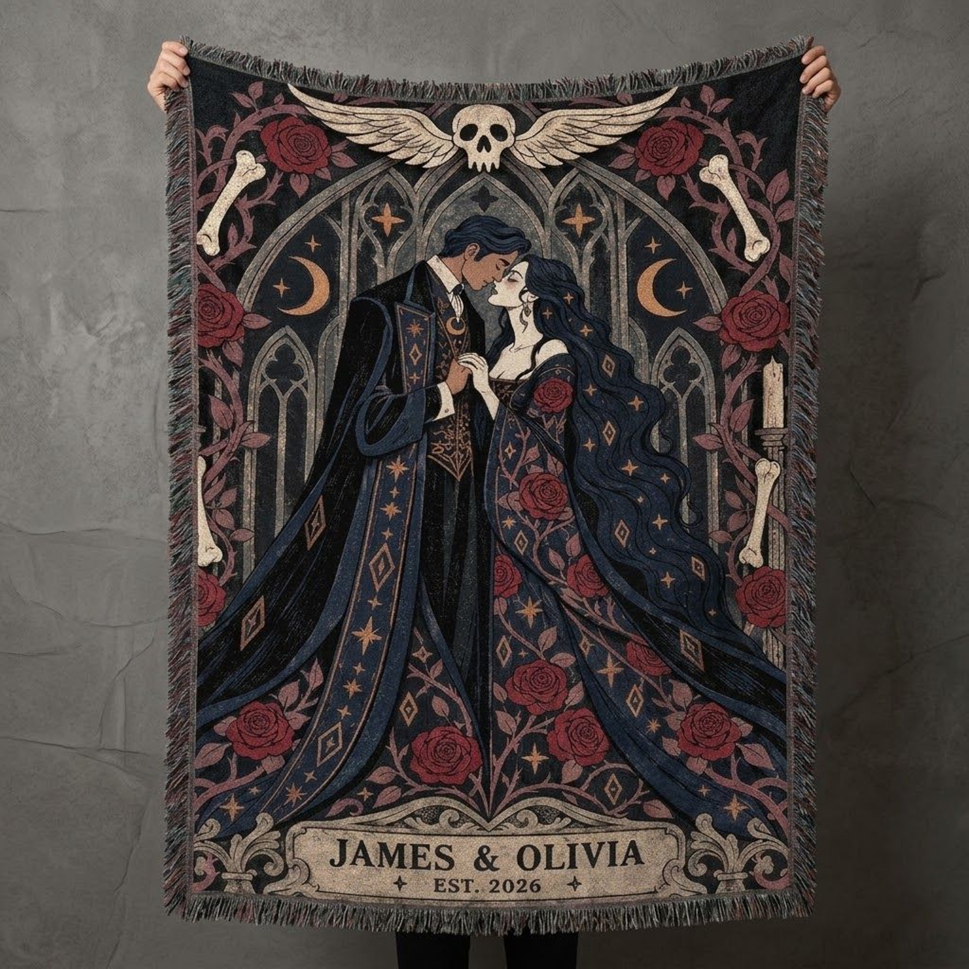Personalized Gothic Romance Woven Blanket Dark Fantasy Couple Throw Custom Names Anniversary Gift V 0