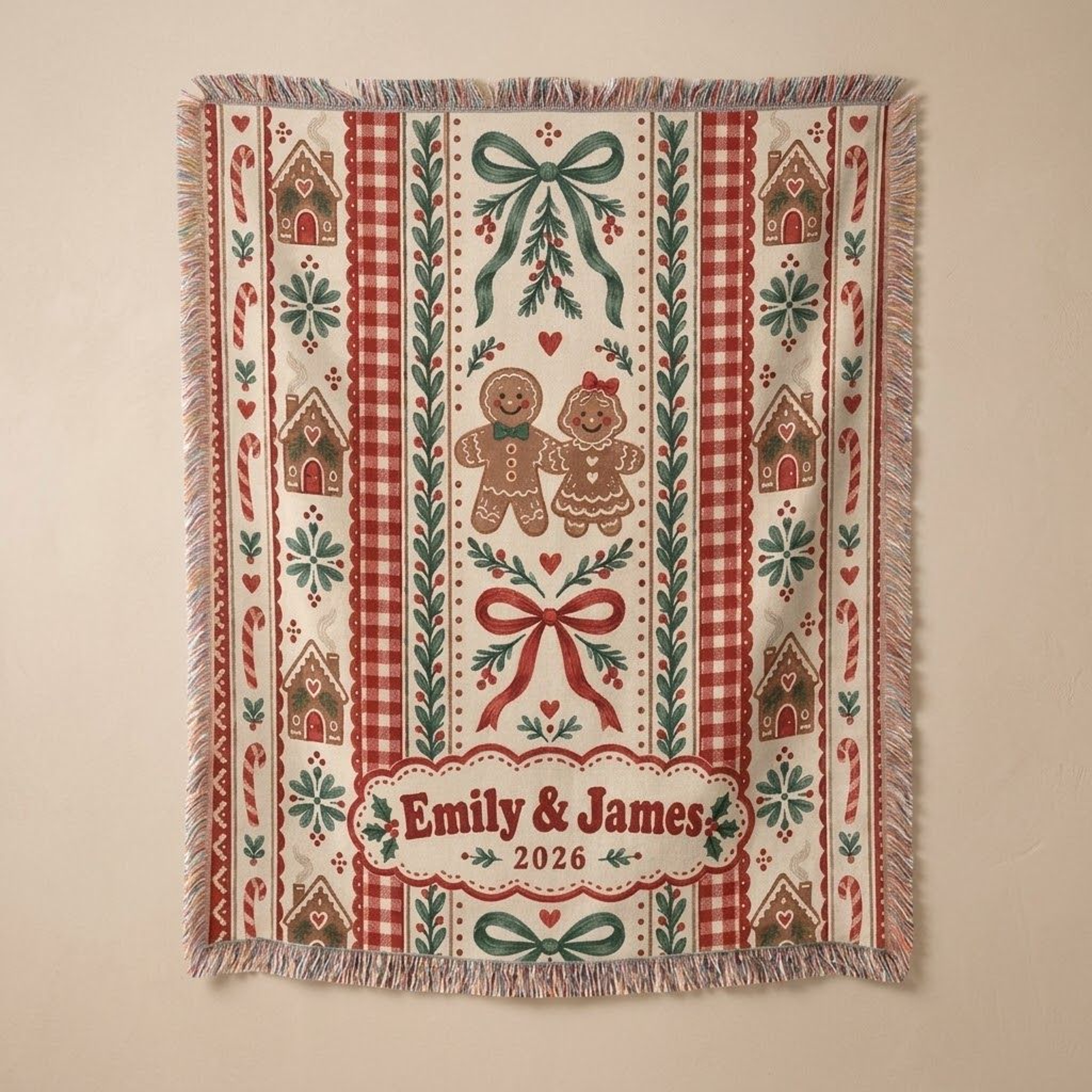 Personalized Gingerbread Christmas Woven Blanket Custom Couple Names Holiday Throw Cozy Cottagecore 0