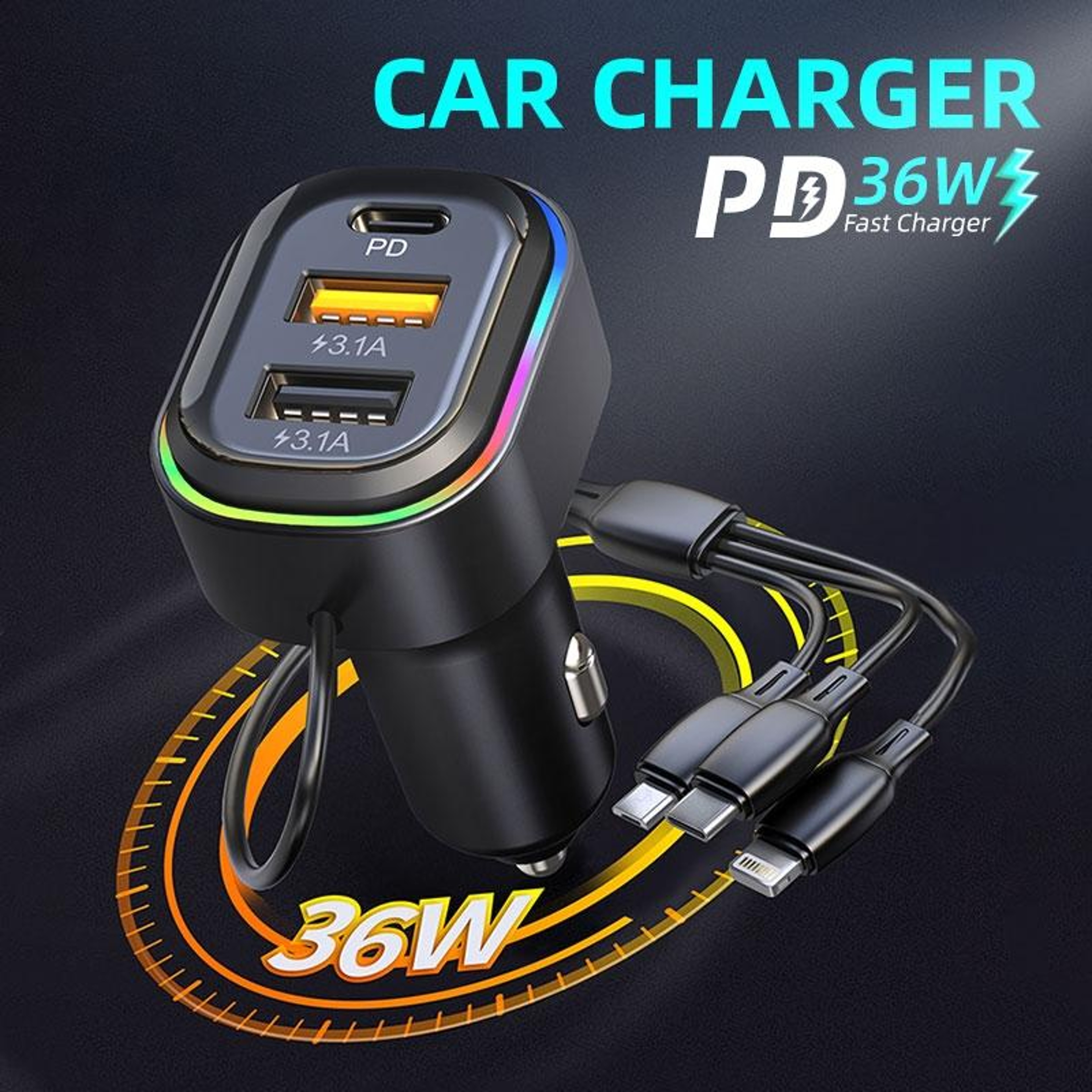 K5 3-in-1 Fast Charging Car Charger with Dual USB & Type-C PD Adapter – view 2