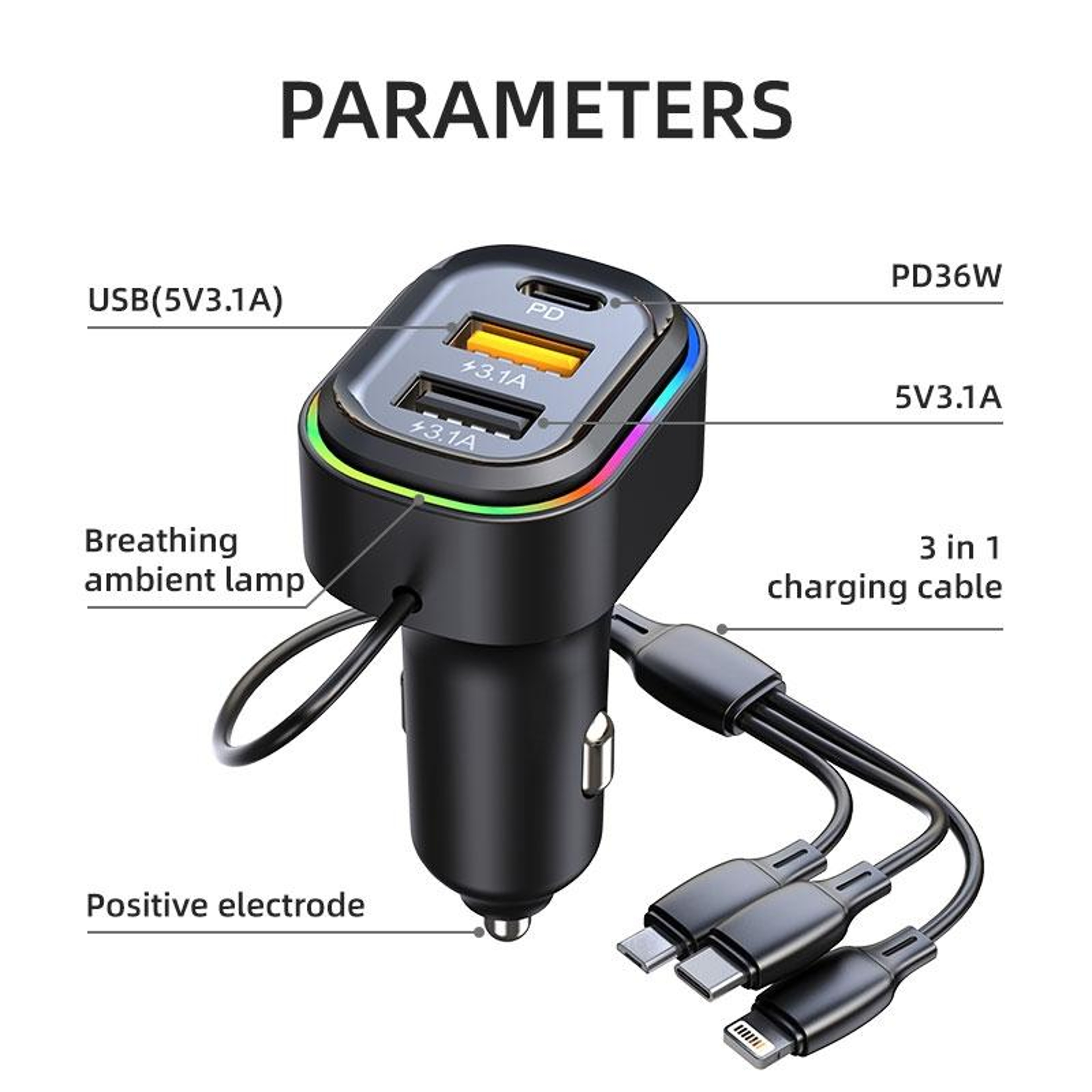 K5 3-in-1 Fast Charging Car Charger with Dual USB & Type-C PD Adapter – view 5