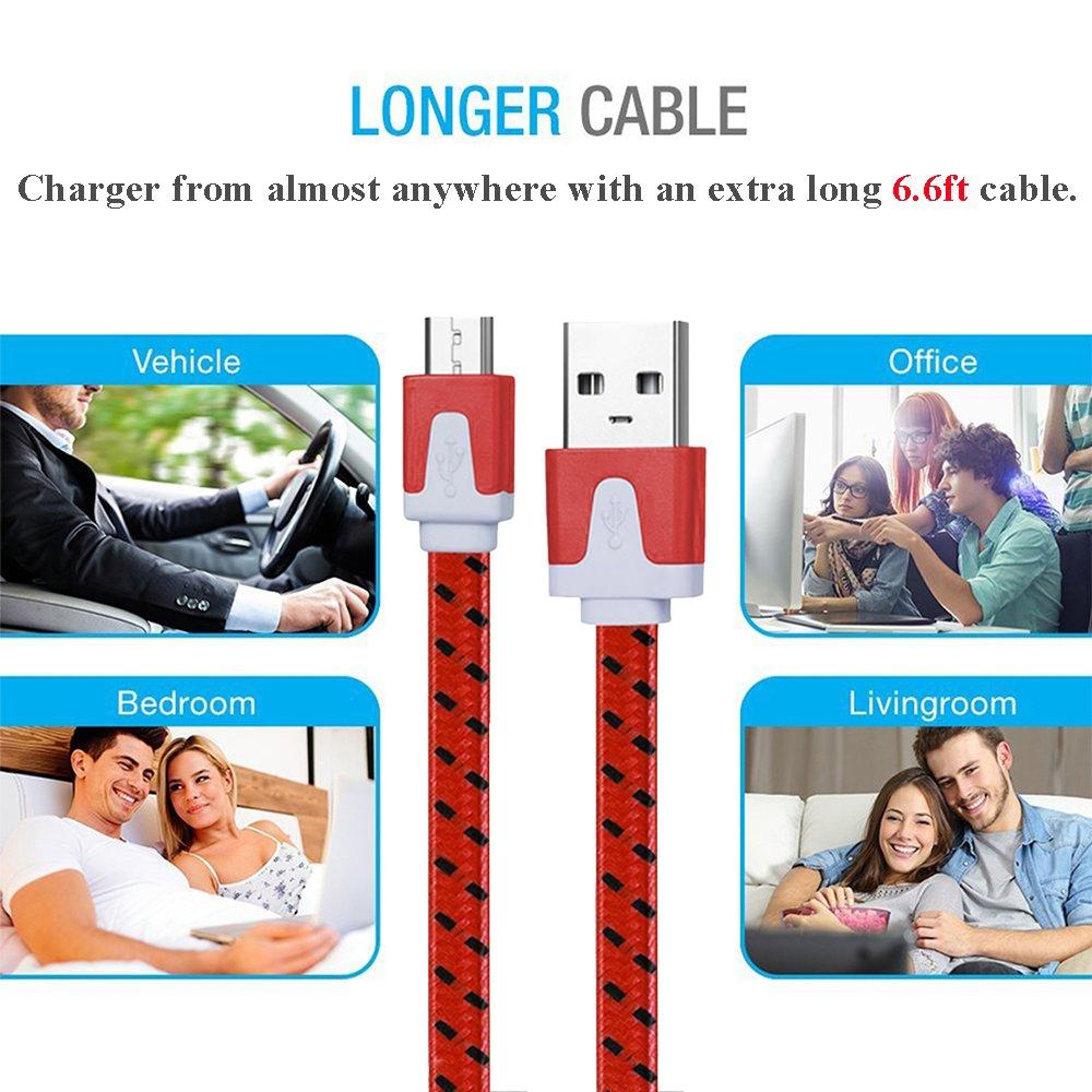 2m Woven Micro USB To USB Charging  Data Cable Red Durable Fast Sync Cable 7