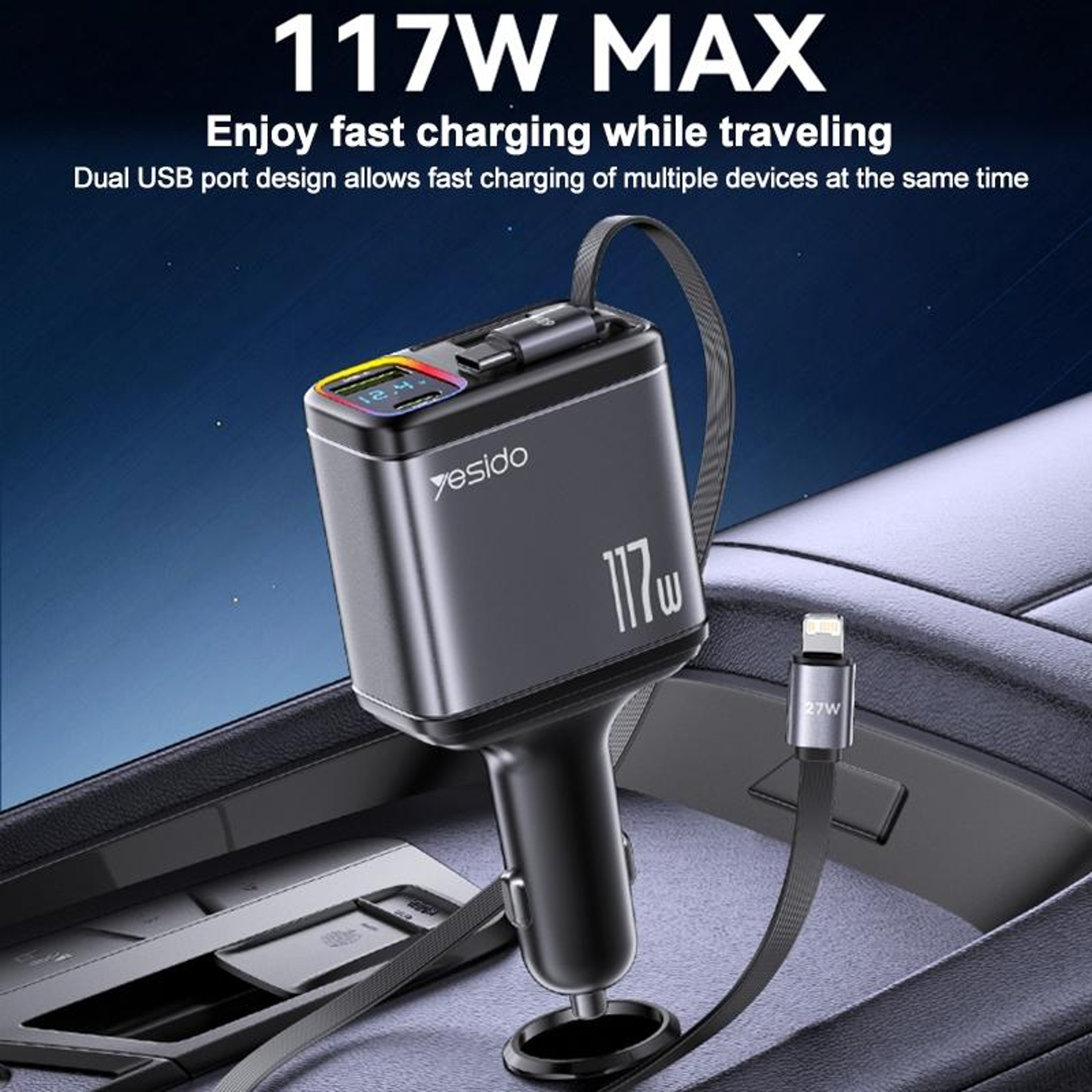 Y63 117W 4-in-1 USB-C Retractable Car Charger Fast Charging Digital Display – view 2