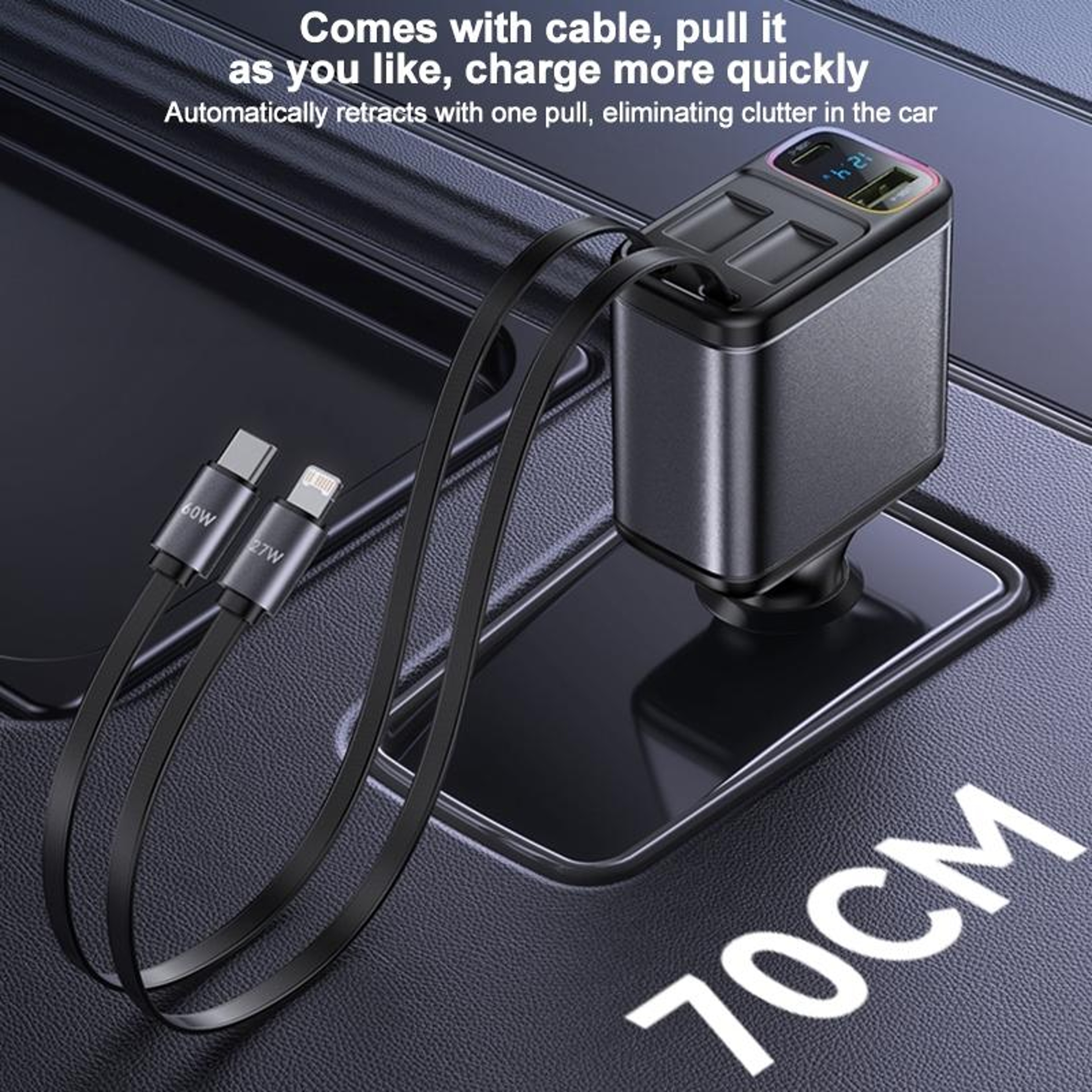 Y63 117W 4-in-1 USB-C Retractable Car Charger Fast Charging Digital Display – view 5