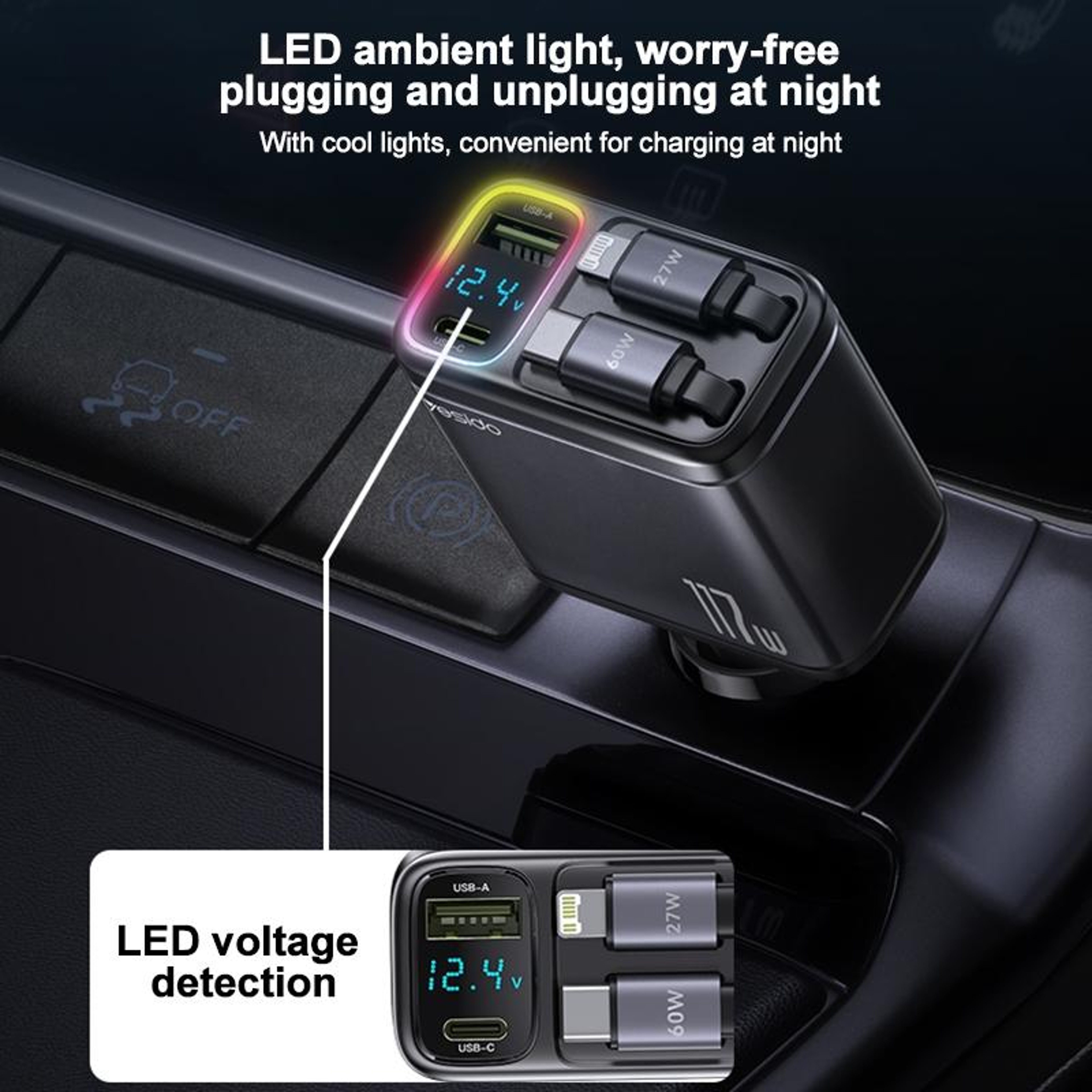 Y63 117W 4-in-1 USB-C Retractable Car Charger Fast Charging Digital Display – view 7