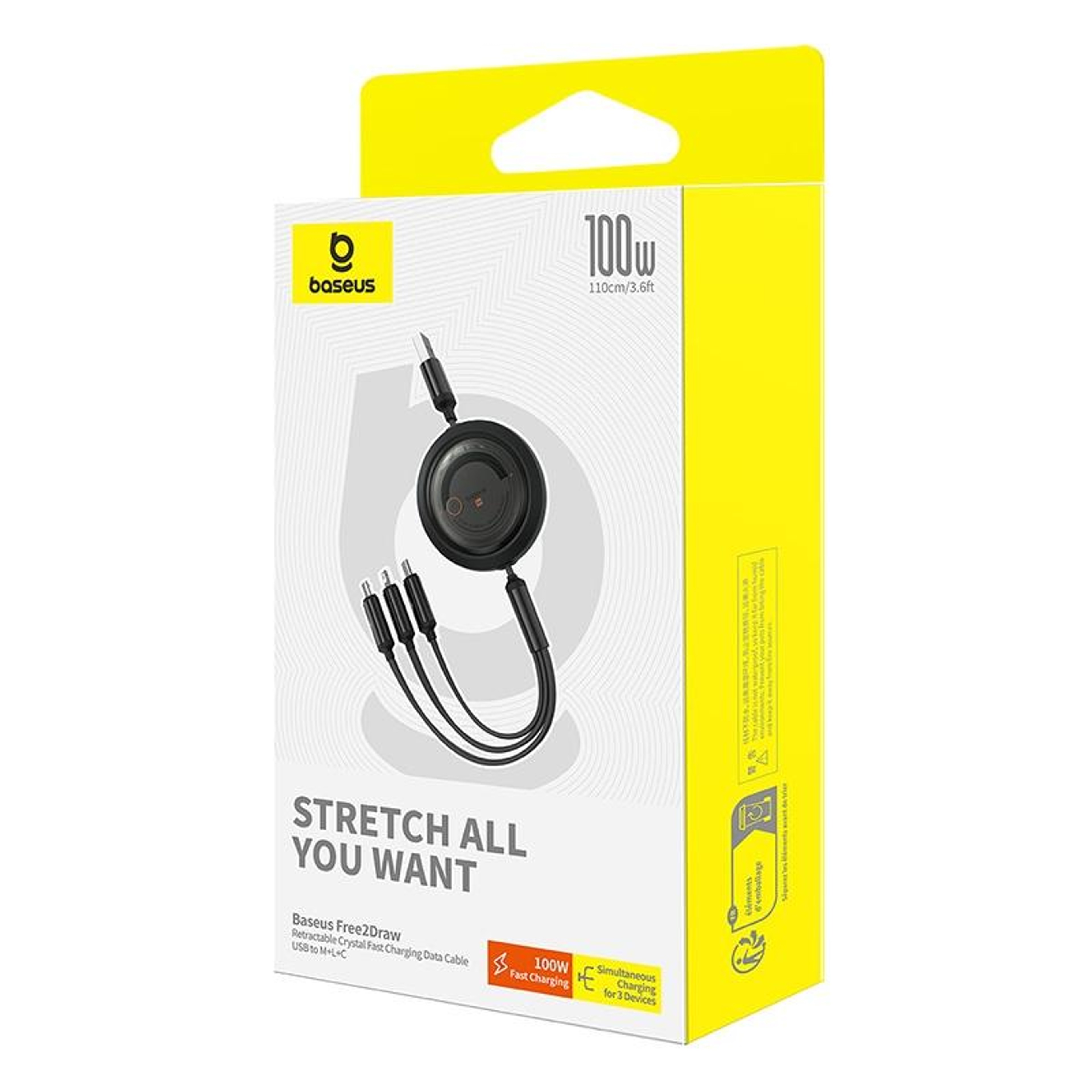 Baseus 100W Retractable 3-in-1 Fast Charging Cable with USB-C, Lightning & Micro USB – view 3