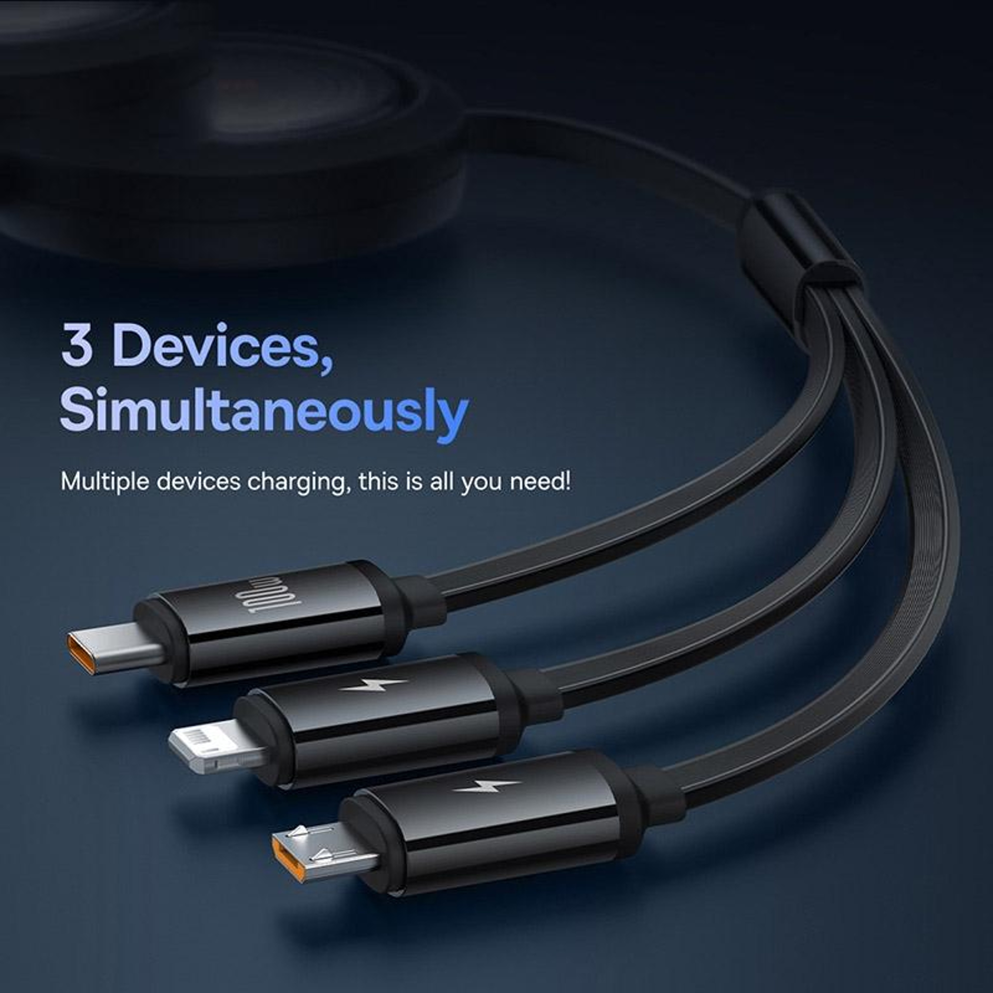 Baseus 100W Retractable 3-in-1 Fast Charging Cable with USB-C, Lightning & Micro USB – view 9