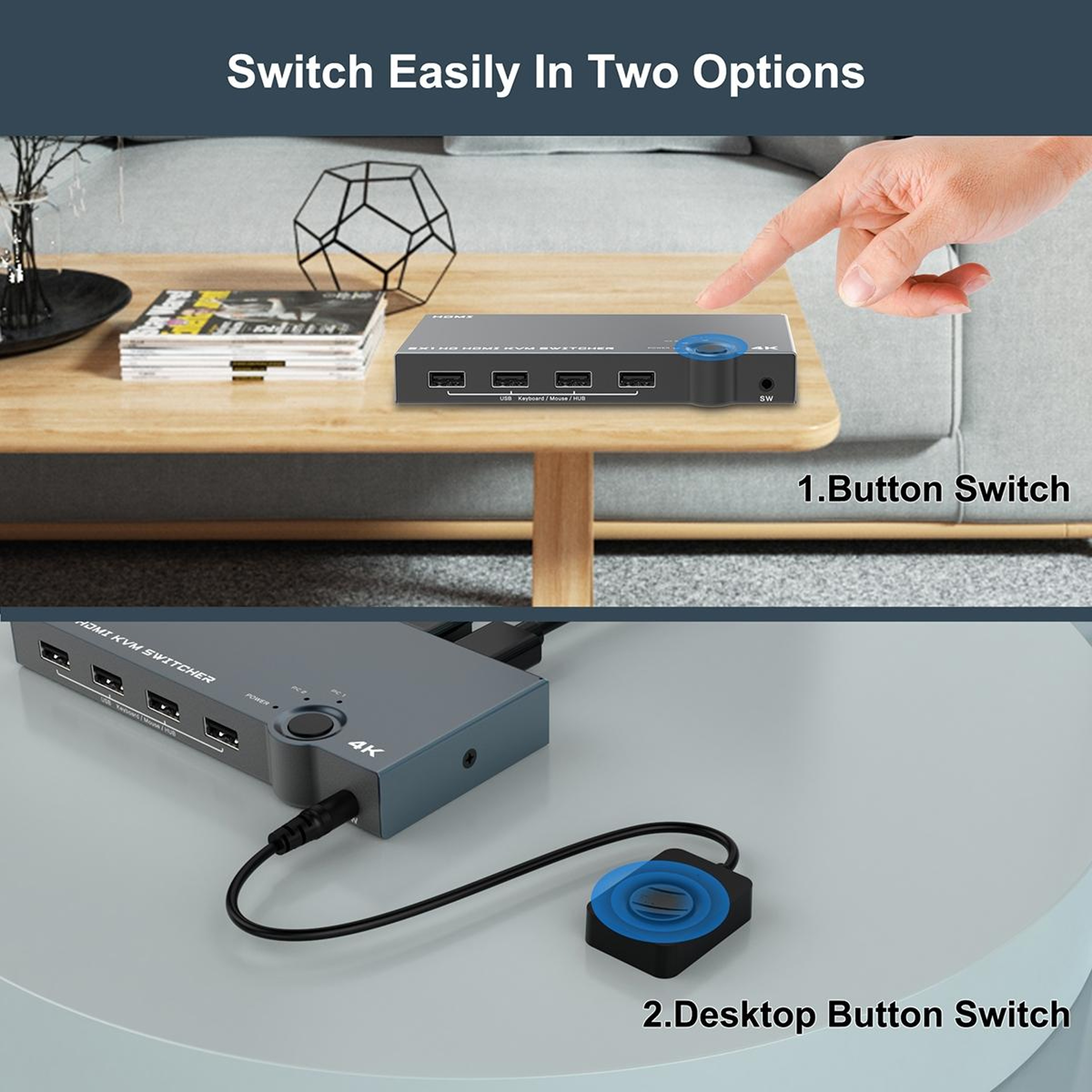 4K 60Hz KVM HDMI Switch for 2 PCs with USB Sharing and One-Touch Control – view 6