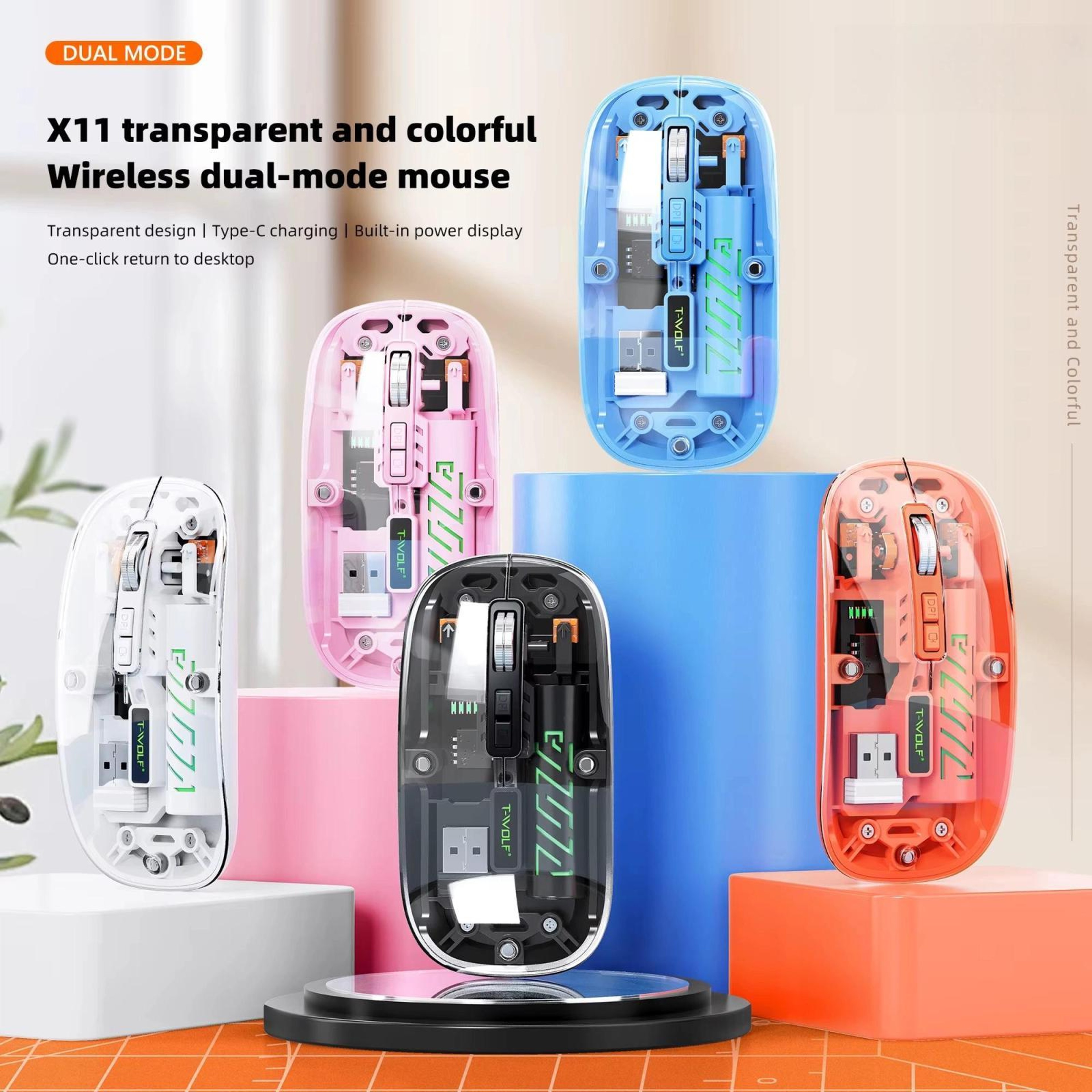 T-WOLF X11 Transparent Wireless Mouse Dual Mode Bluetooth Mouse with USB-C Rechargeable Design – view 2