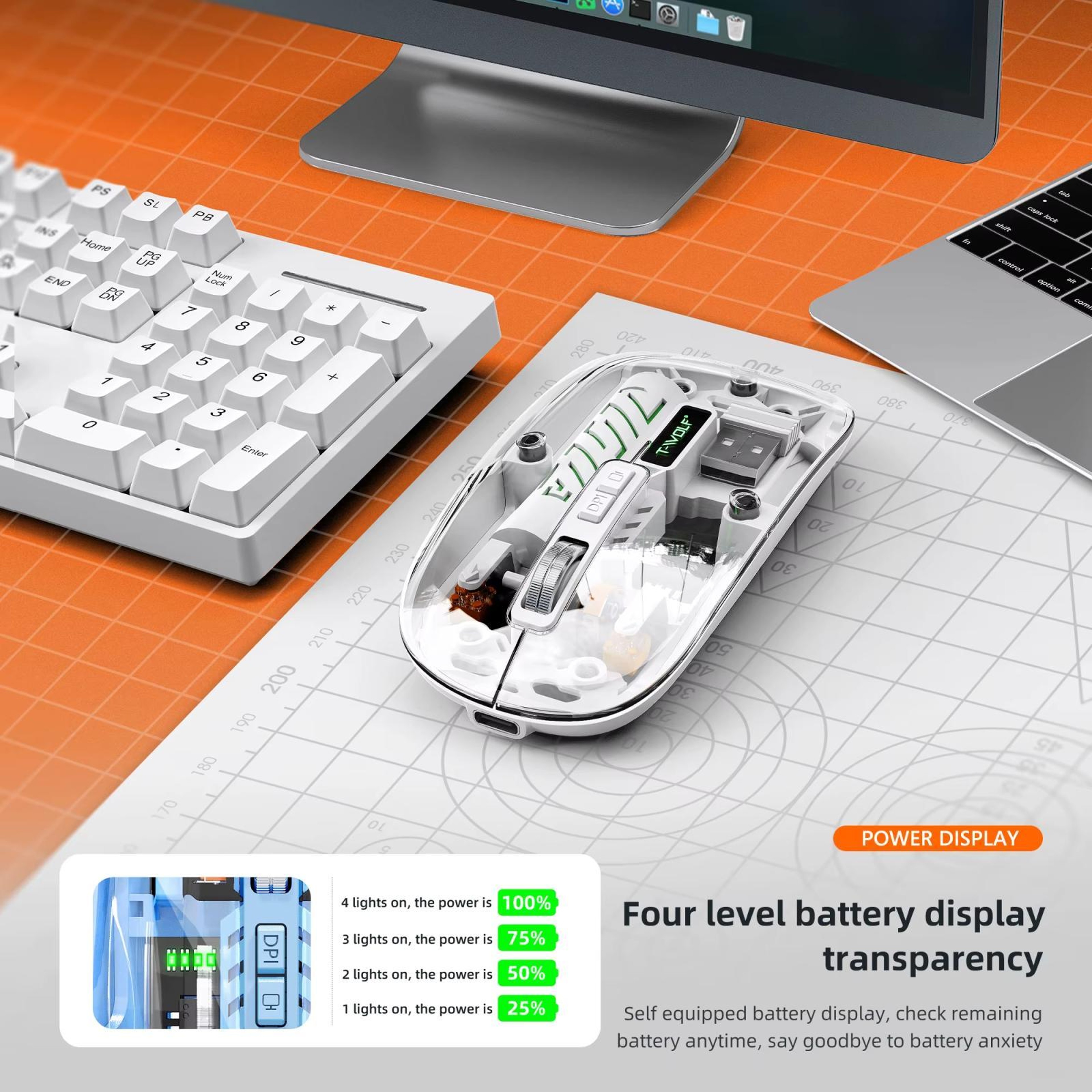 T-WOLF X11 Transparent Wireless Mouse Dual Mode Bluetooth Mouse with USB-C Rechargeable Design – view 7