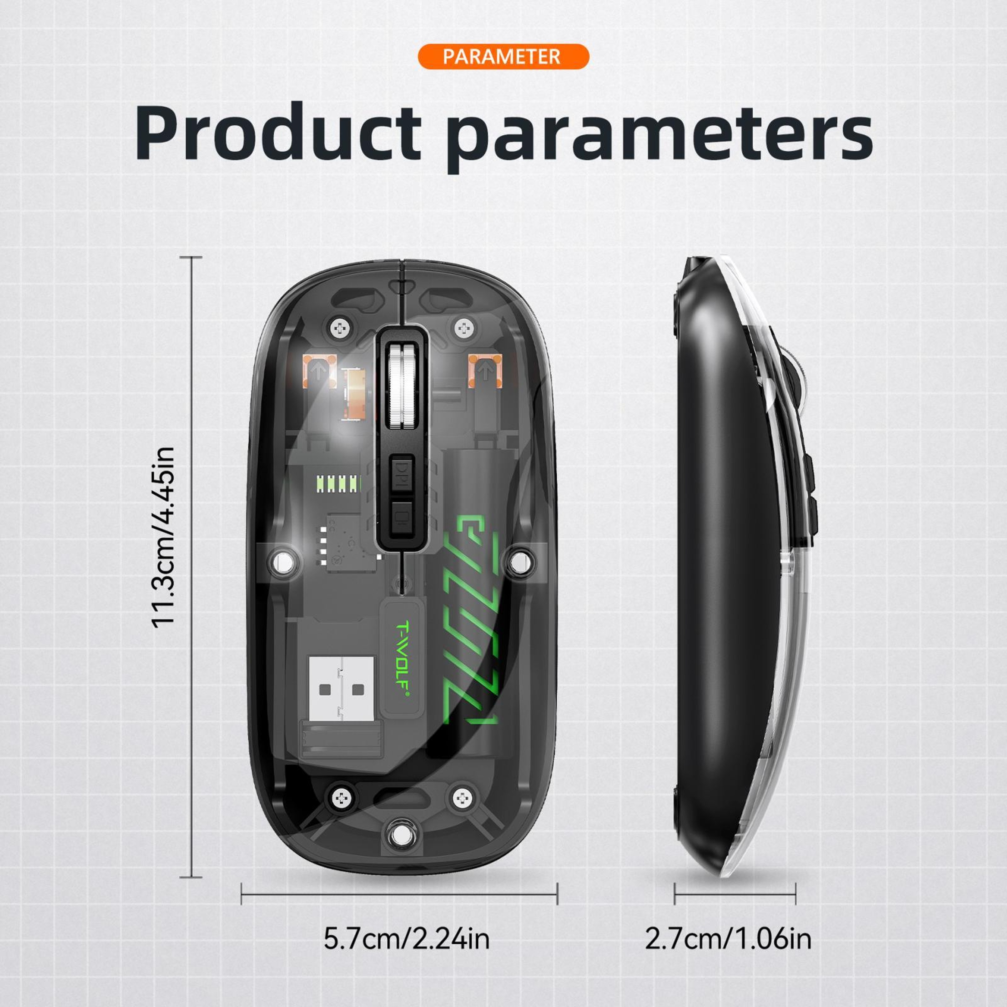 T-WOLF X11 Transparent Wireless Mouse Dual Mode Bluetooth Mouse with USB-C Rechargeable Design – view 9
