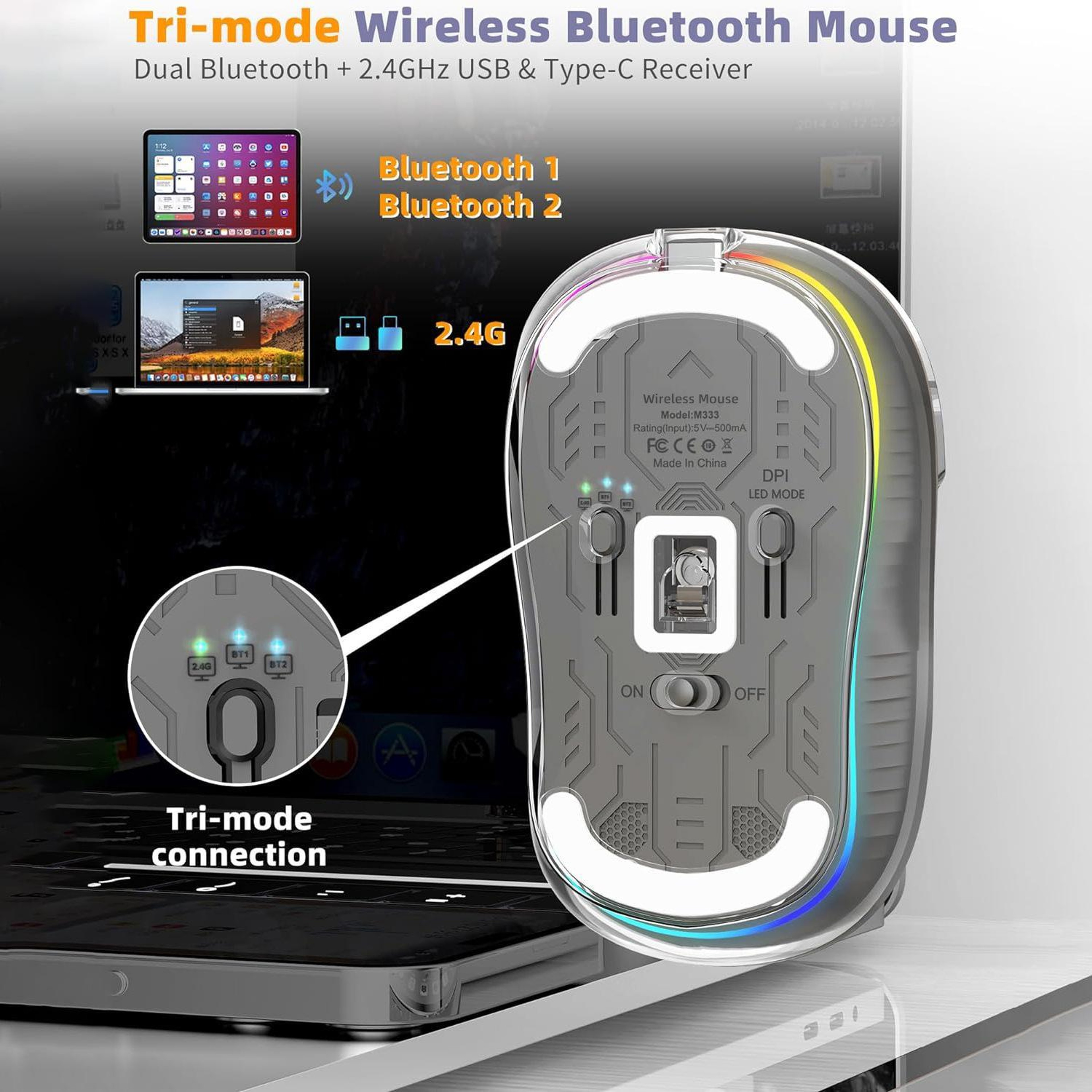 HXSJ M333 Transparent Wireless Mouse TriMode Bluetooth Mouse Rechargeable Silent Wireless Mouse 9