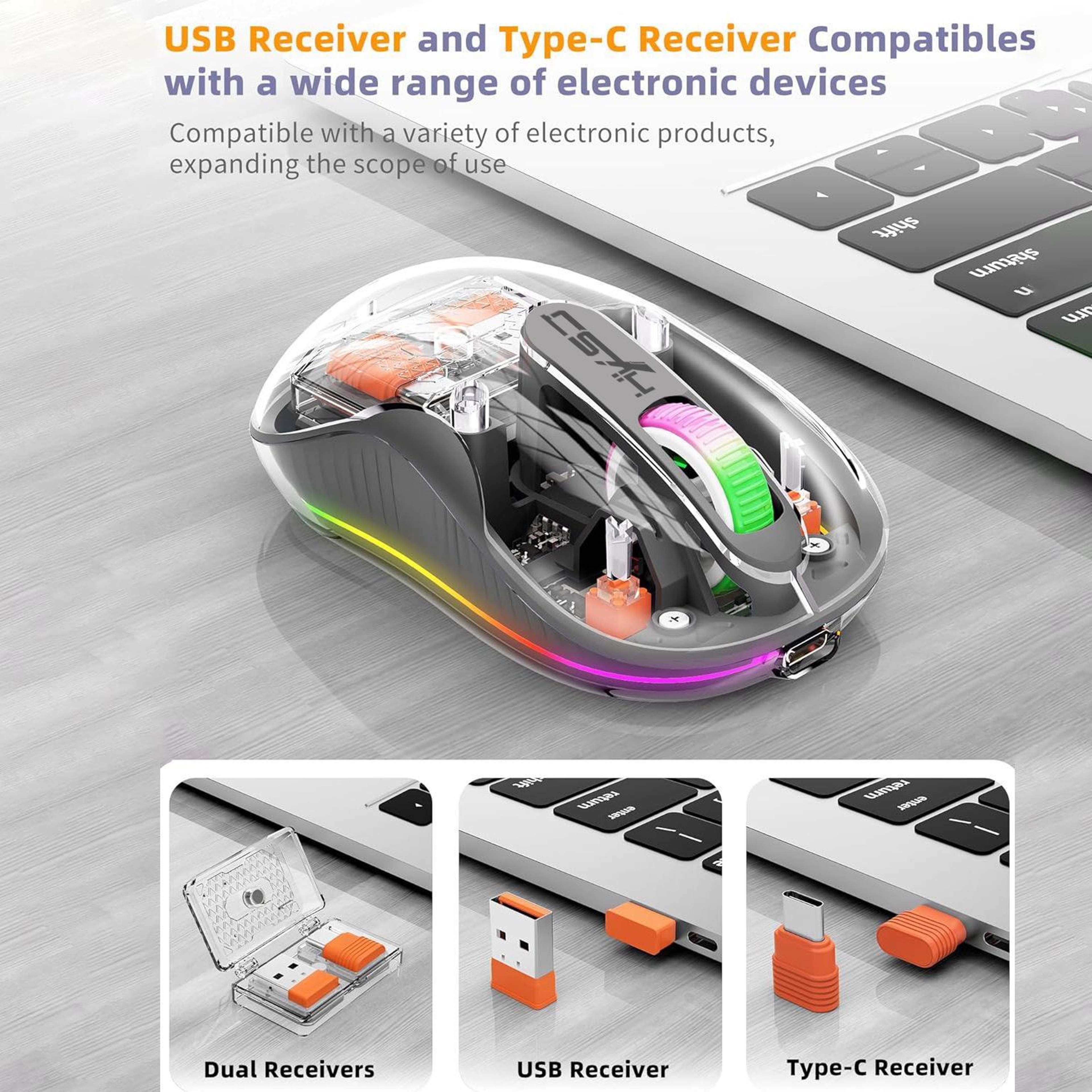 HXSJ M333 Transparent Wireless Mouse TriMode Bluetooth Mouse Rechargeable Silent Wireless Mouse 3