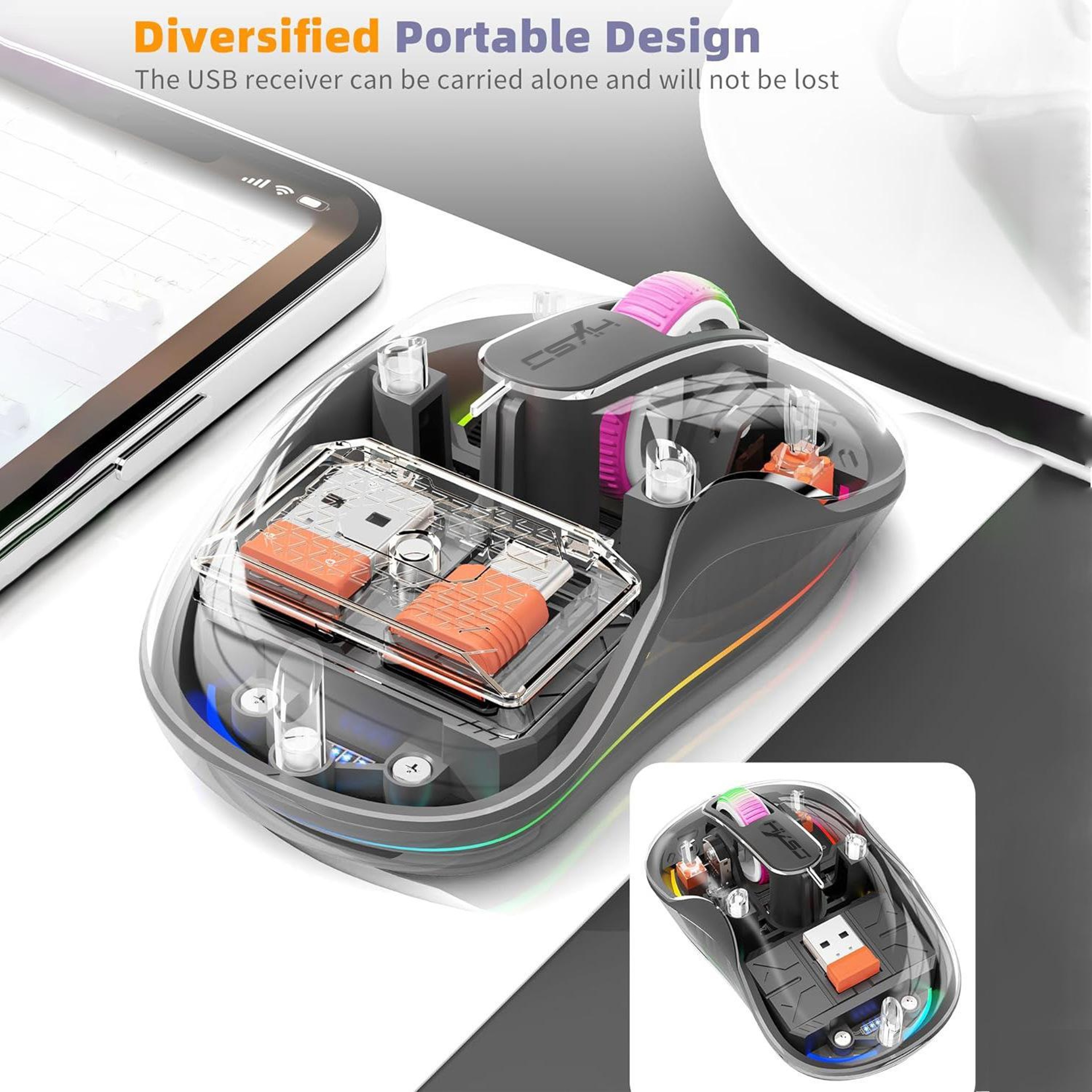 HXSJ M333 Transparent Wireless Mouse TriMode Bluetooth Mouse Rechargeable Silent Wireless Mouse 6