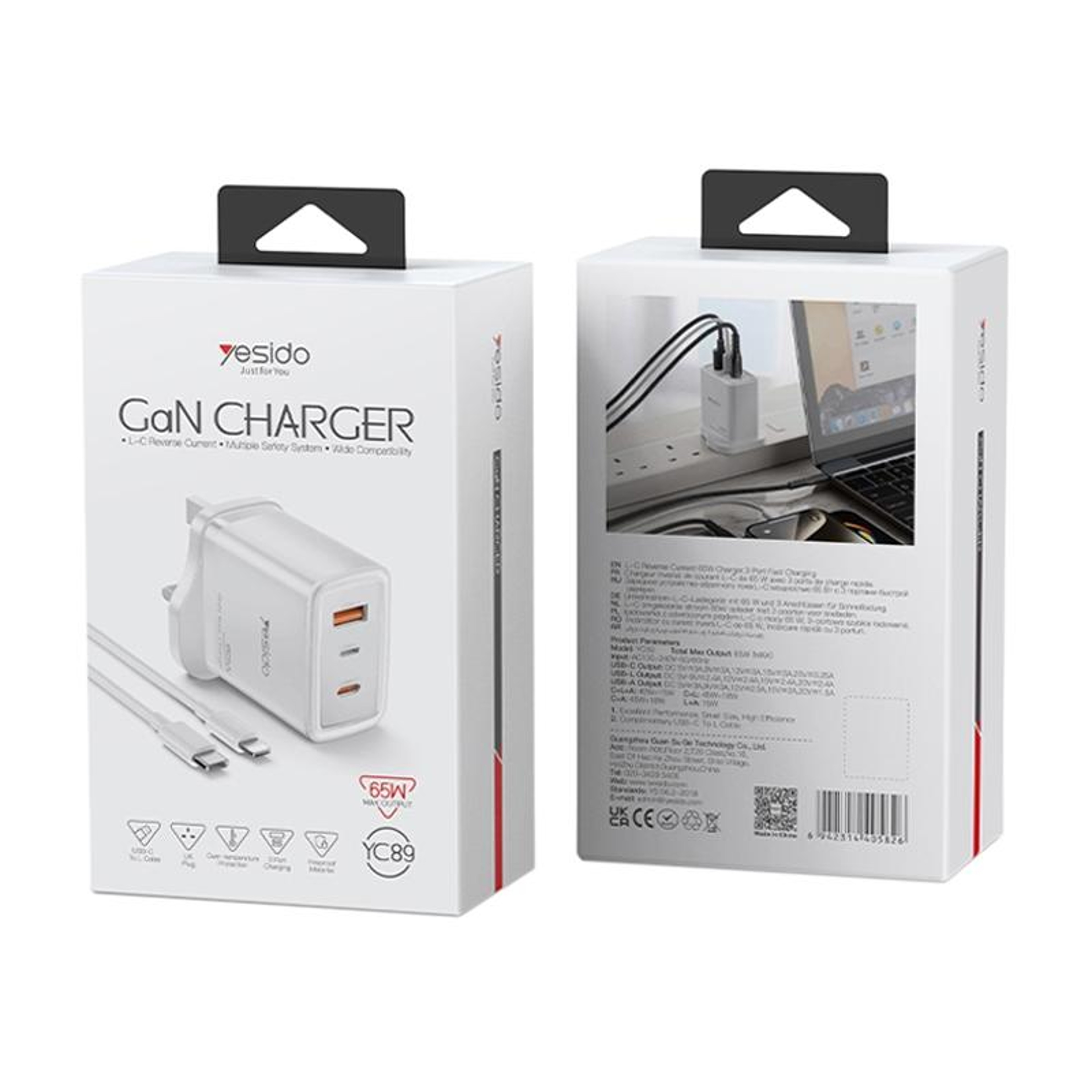 Yesido YC89 65W GaN Charger USB C Fast Charger With USB And 8 Pin Cable 5