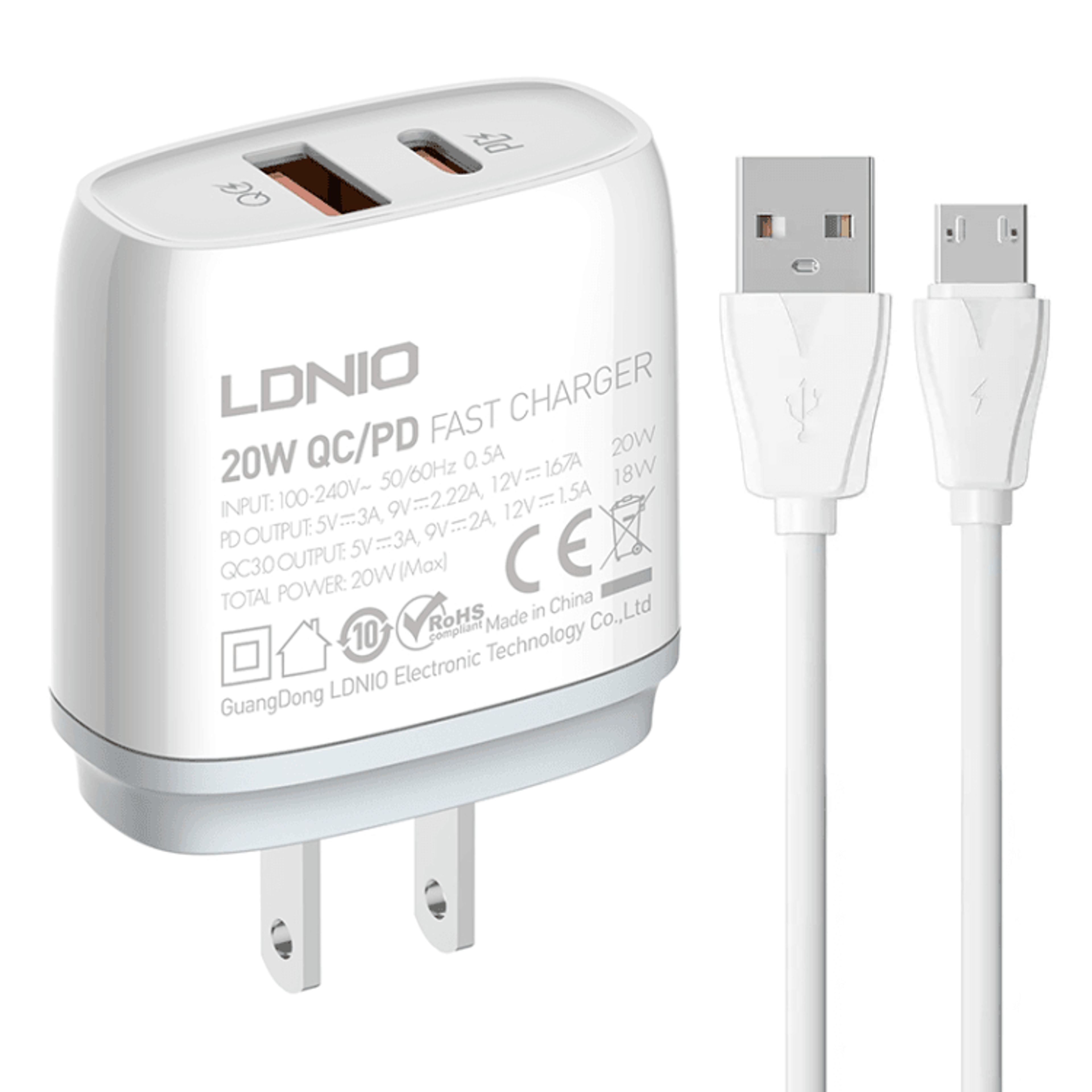 LDNIO Q229 20W USB C Fast Charger Dual Port PD QC30 Wall Charger With Micro USB Cable 15
