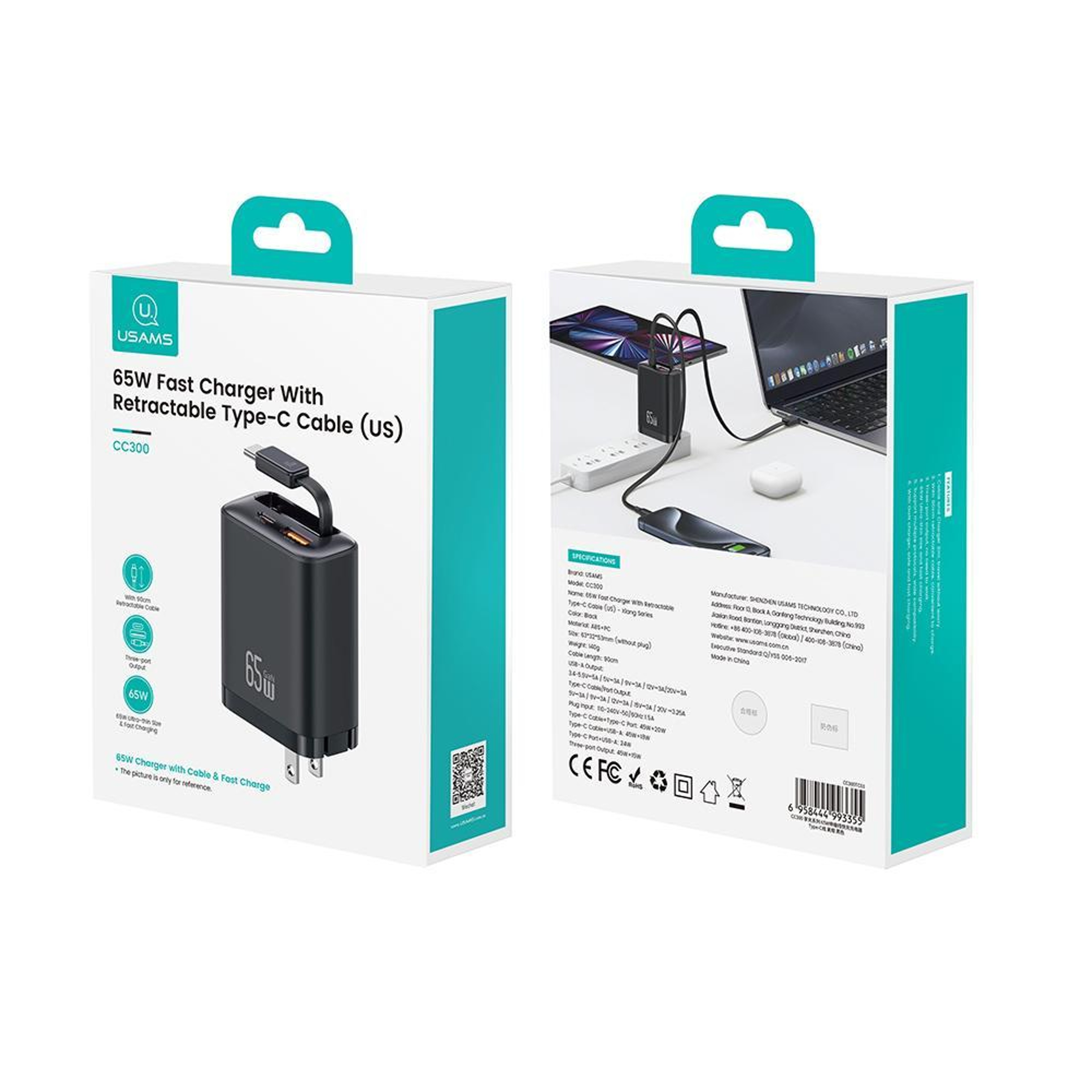 USAMS CC300 65W GaN Charger With Retractable USBC Cable 3 Port USBC Fast Charger US Plug 9