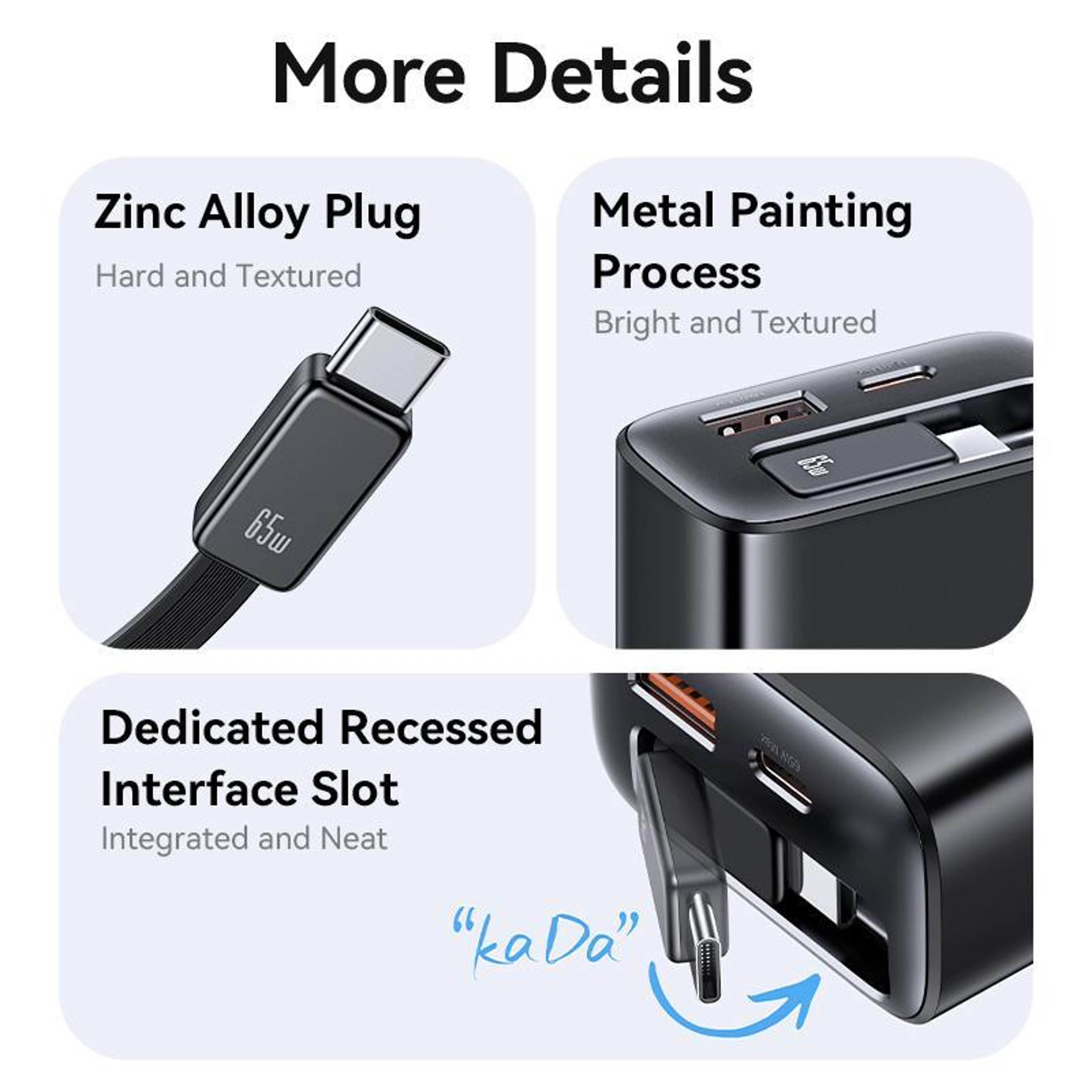 USAMS CC300 65W GaN Charger With Retractable USBC Cable 3 Port USBC Fast Charger US Plug 8