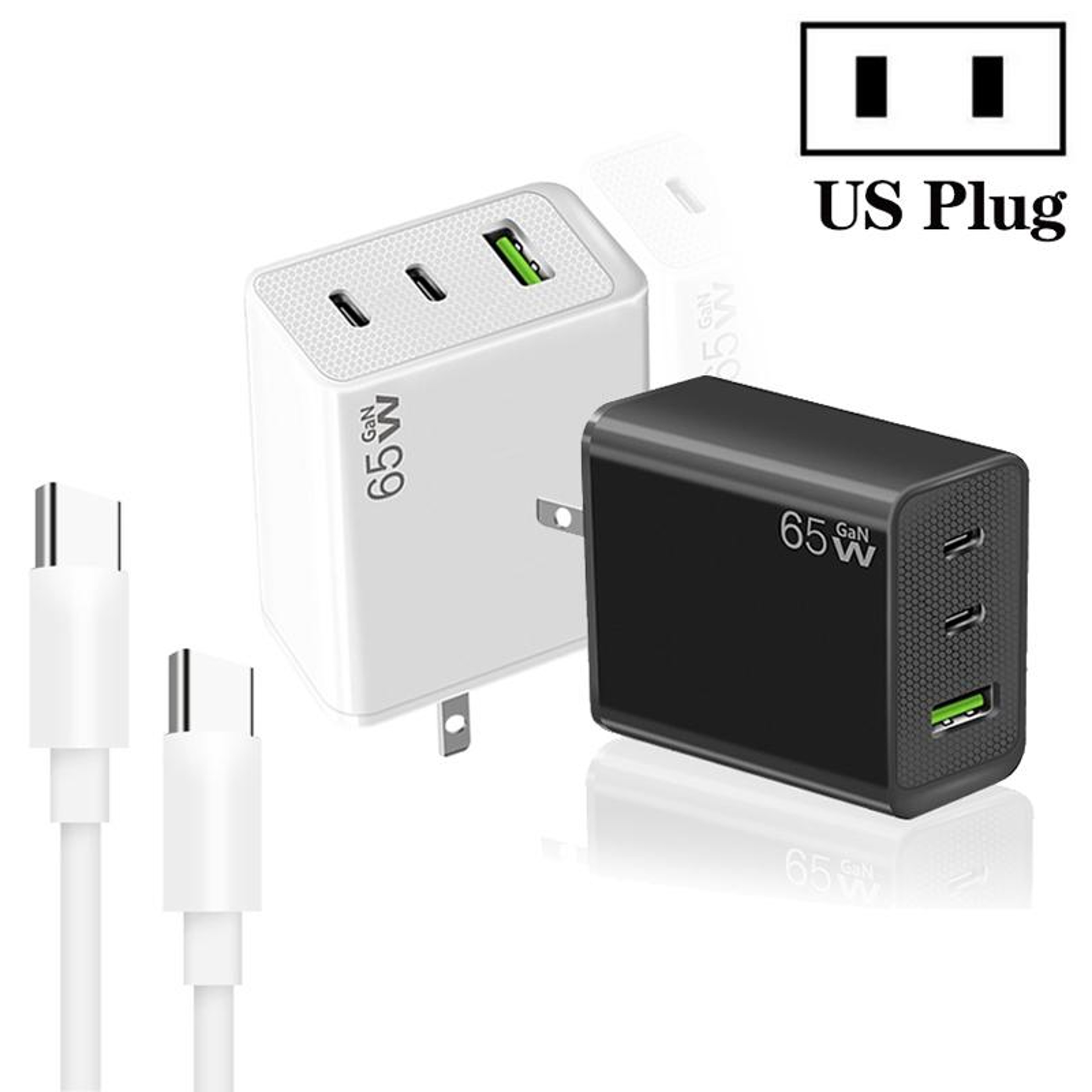 65W GaN Charger Fast Charging Adapter with Dual USB C USB A and Type C Cable US Plug – view 3