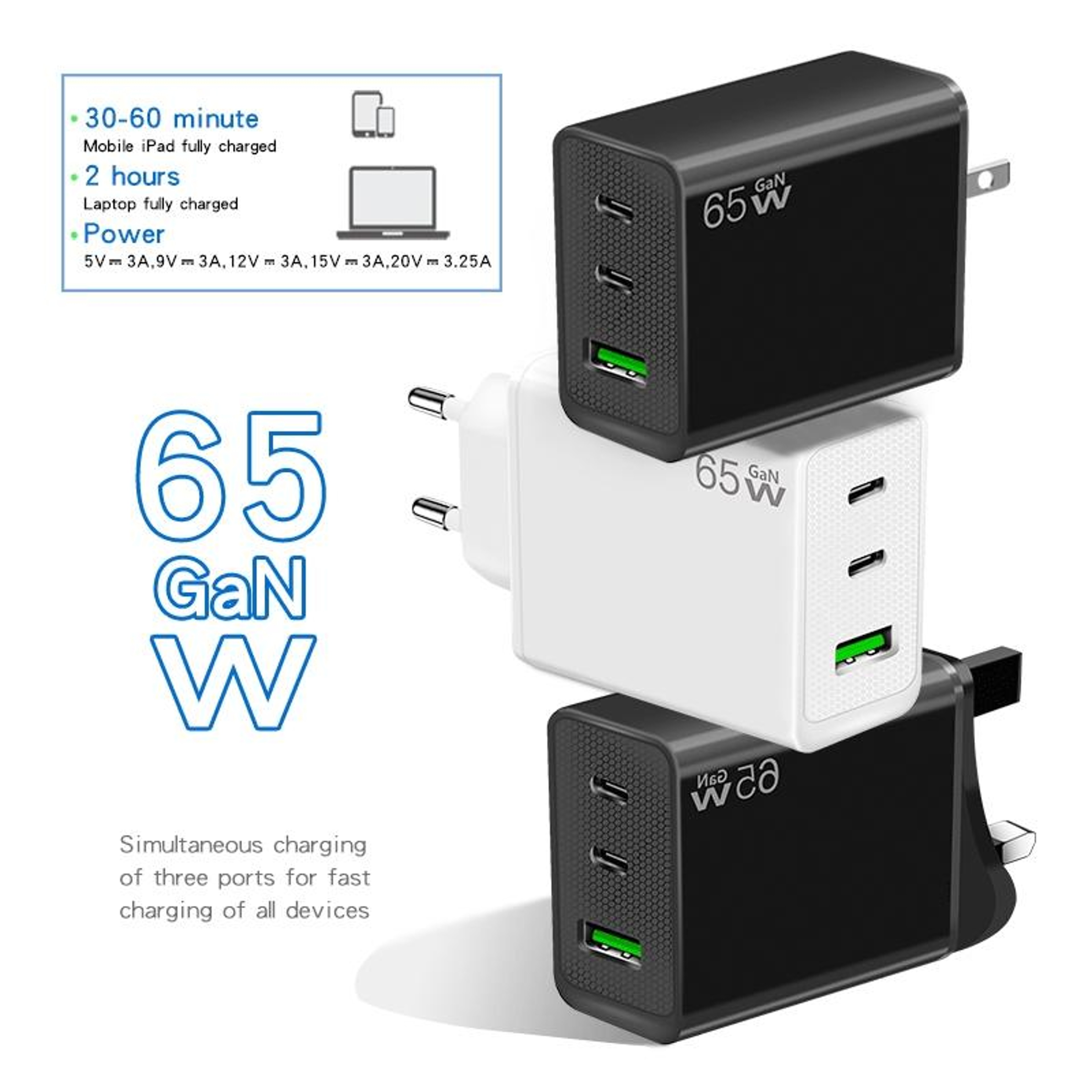 65W GaN Charger Fast Charging Adapter with Dual USB C USB A and Type C Cable US Plug – view 5