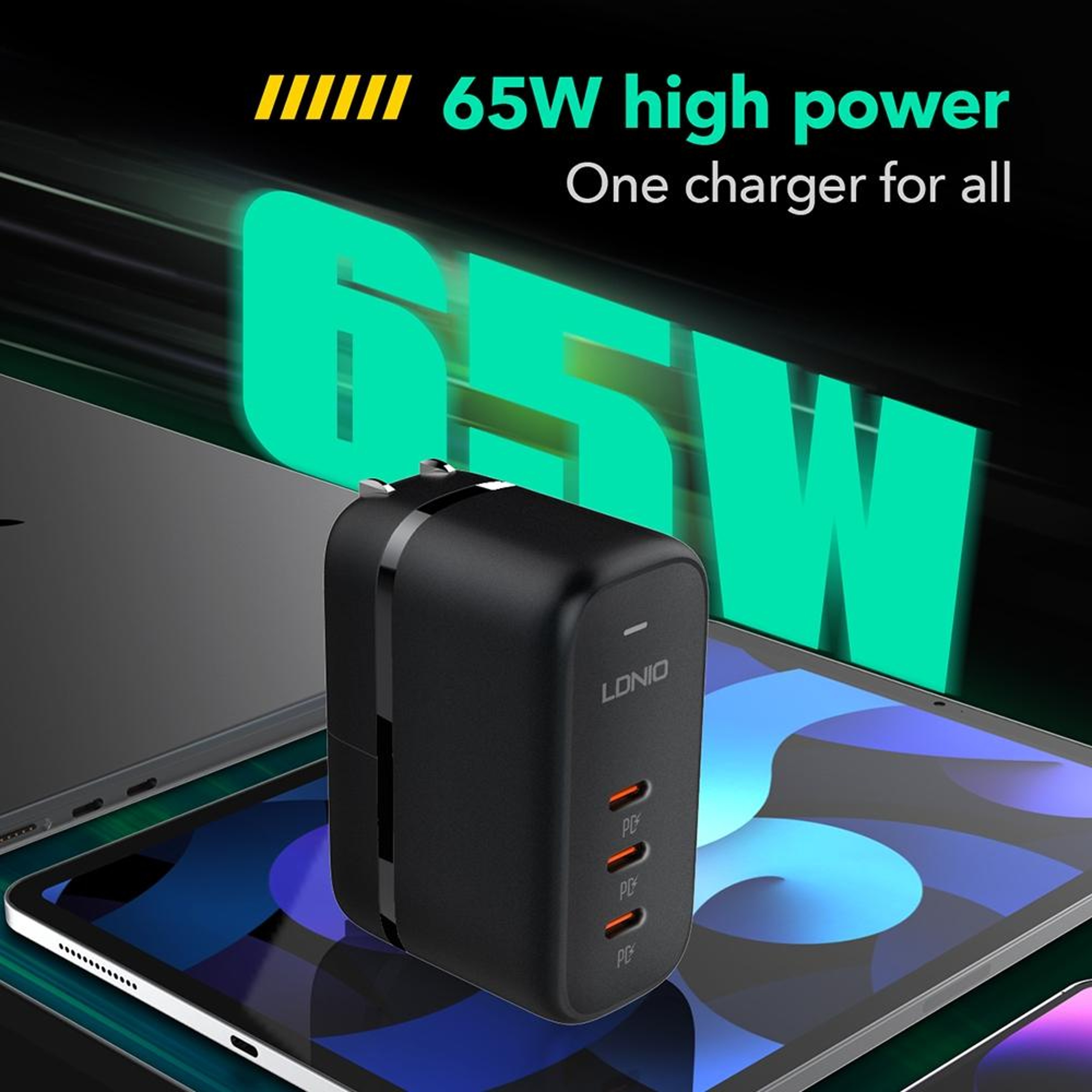 LDNIO Q367 65W GaN Charger Triple USB C Charger With 1m USB C Cable US Plug 4
