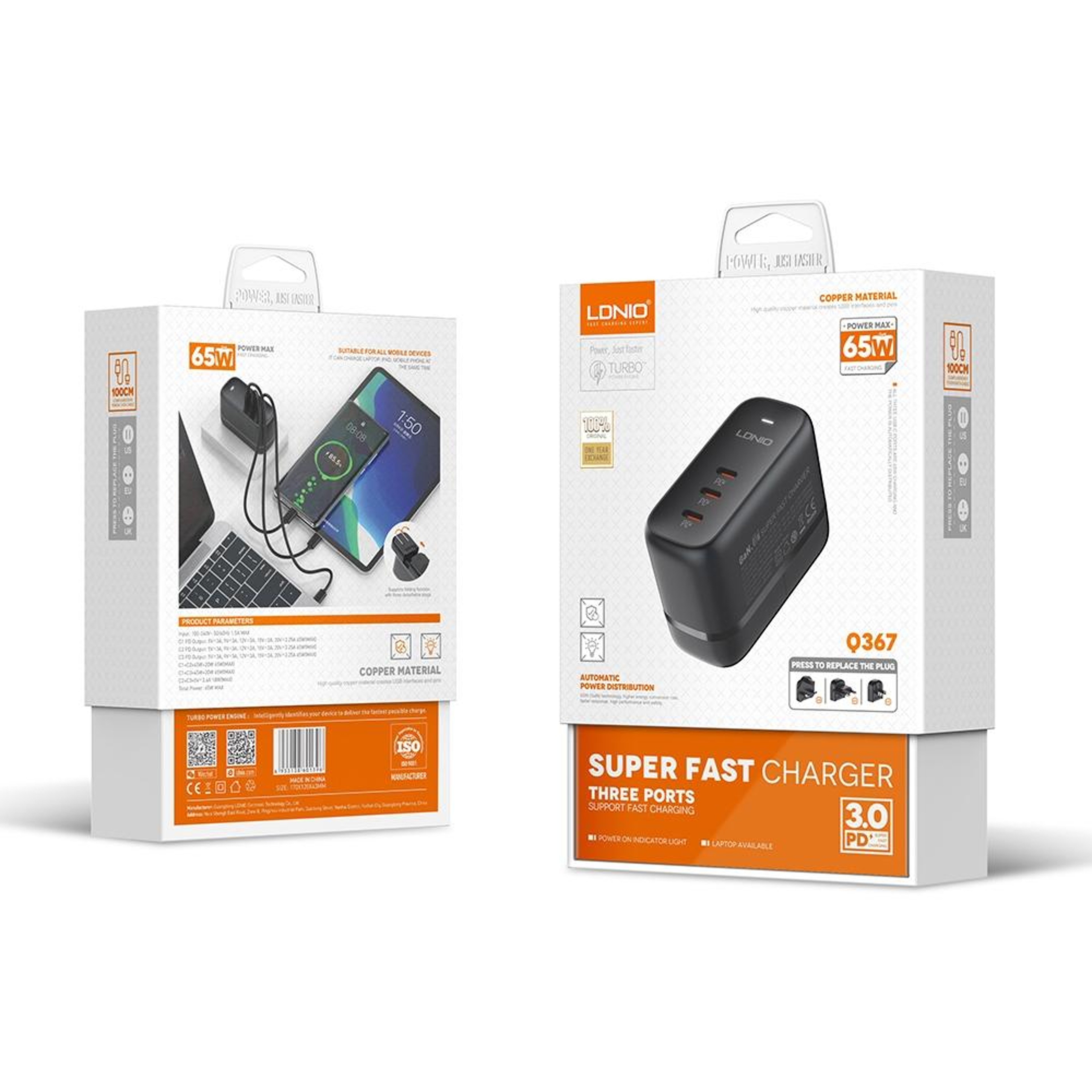 LDNIO Q367 65W GaN Charger Triple USB C Charger With 1m USB C Cable US Plug 6