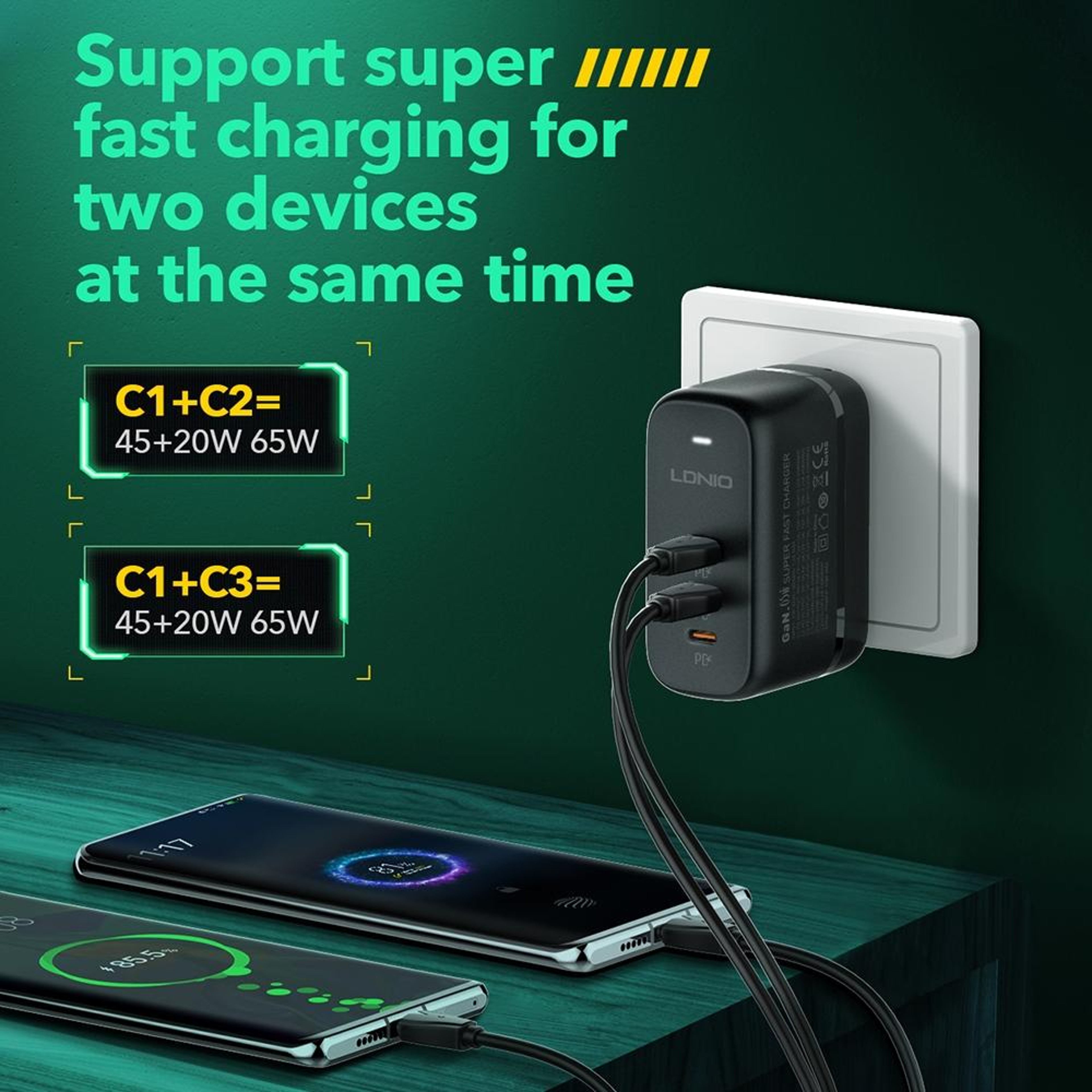 LDNIO Q367 65W GaN Charger Triple USB C Charger With 1m USB C Cable US Plug 10