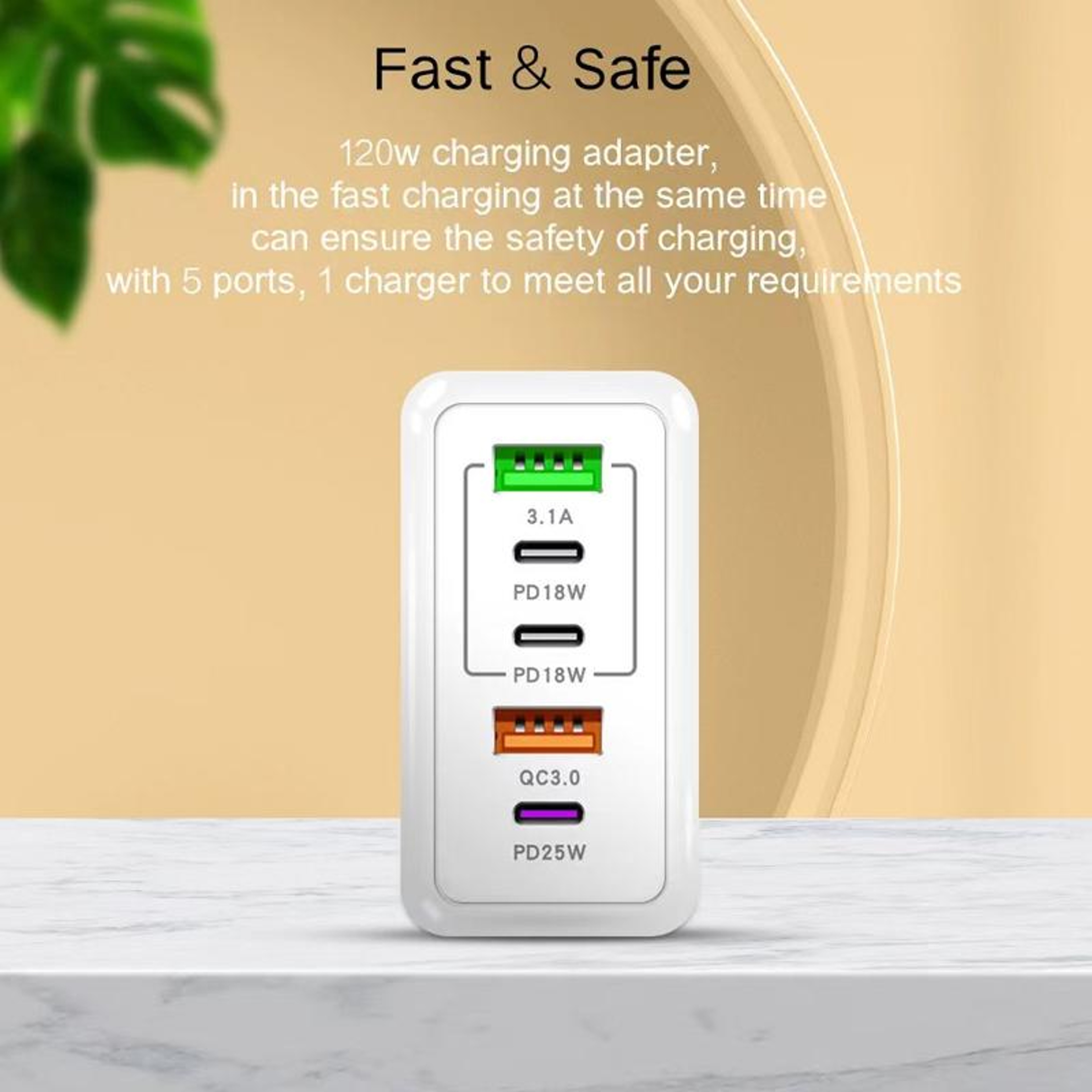 120W USB C Multi Port Fast Charger 5 Port PD Quick Charge Wall Charger US Plug 4