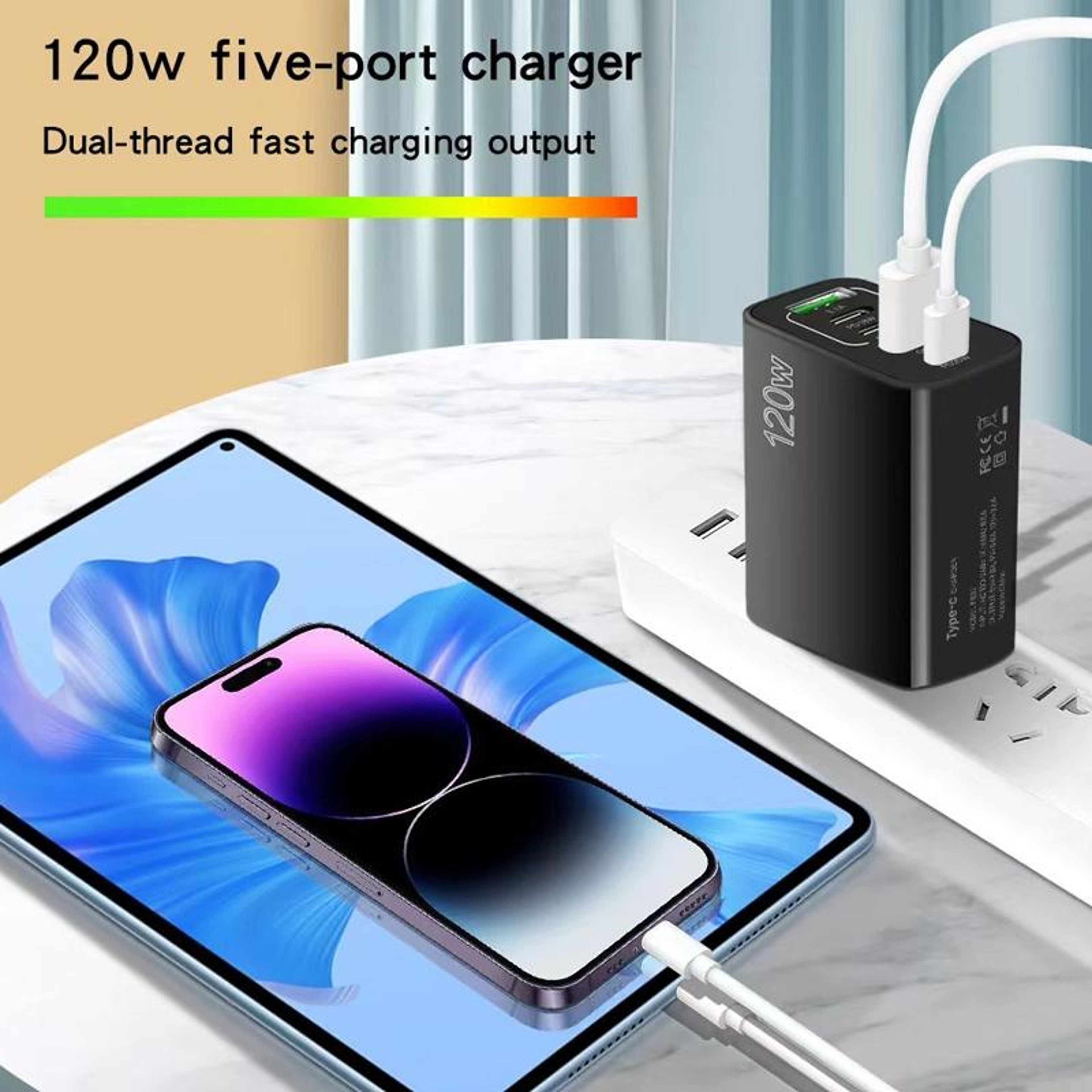 120W USB C Multi Port Fast Charger 5 Port PD Quick Charge Wall Charger US Plug 5