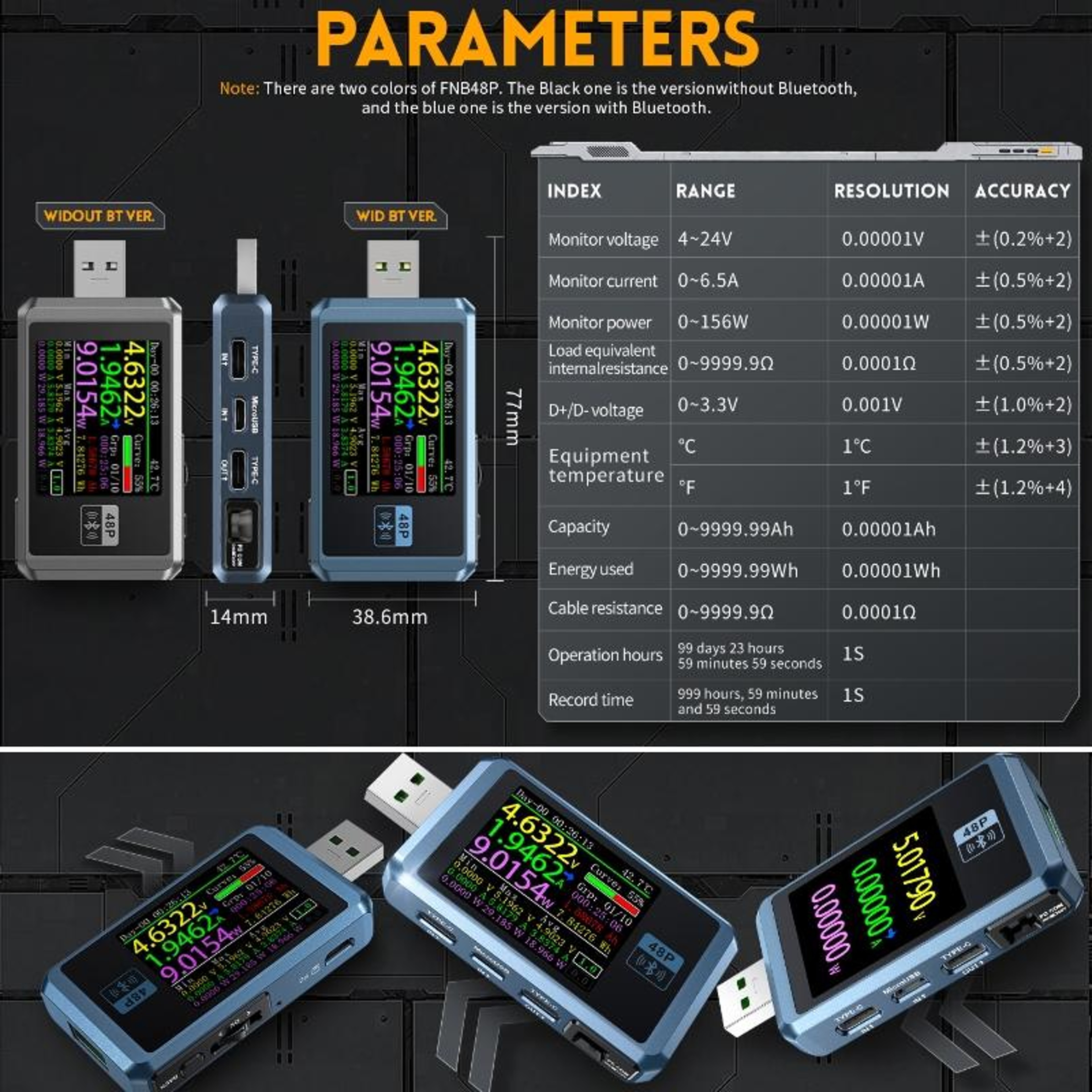 FNIRSI FNB48P USB Fast Charge Tester Bluetooth Voltage Current Power Meter 10