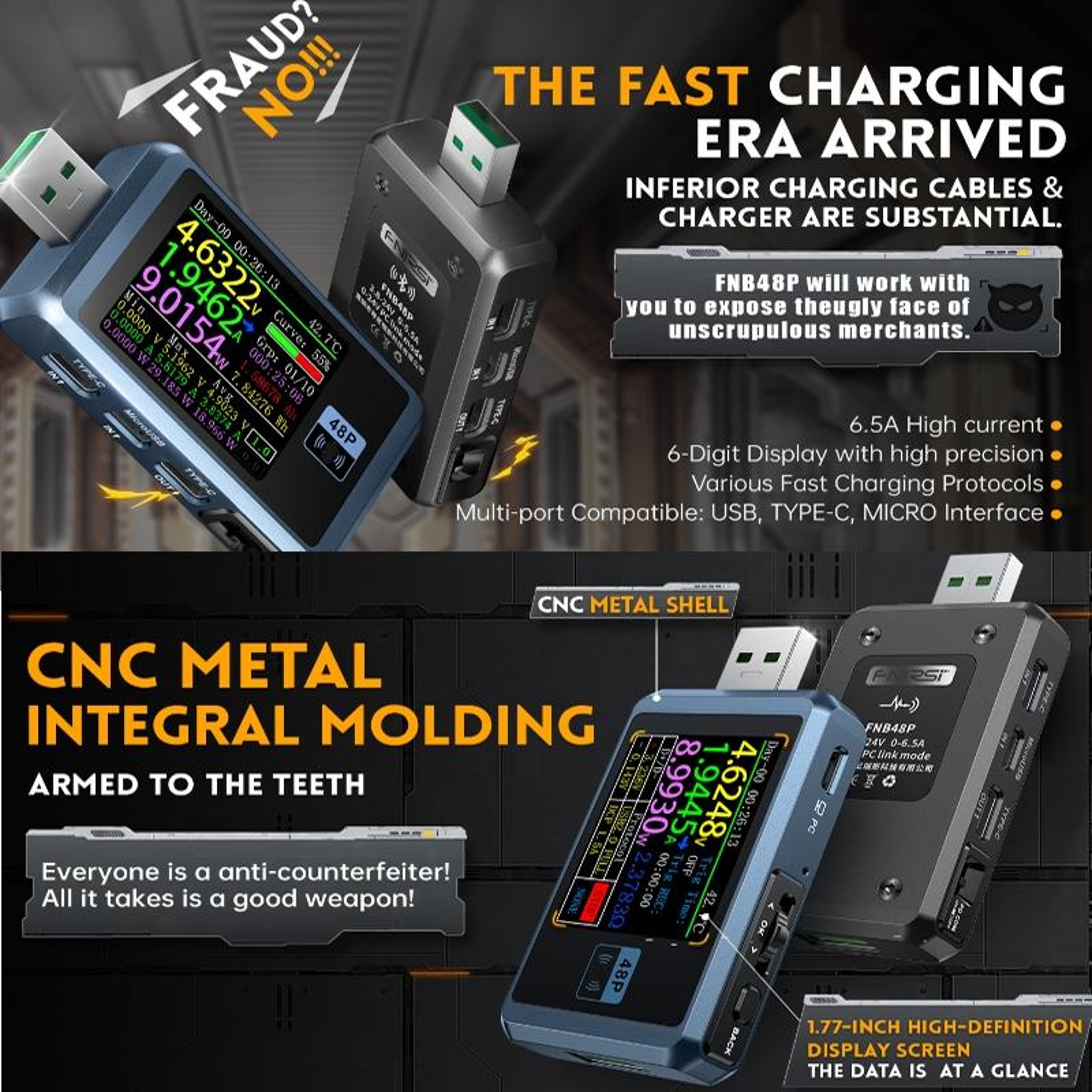 FNIRSI FNB48P USB Fast Charge Tester Bluetooth Voltage Current Power Meter 6