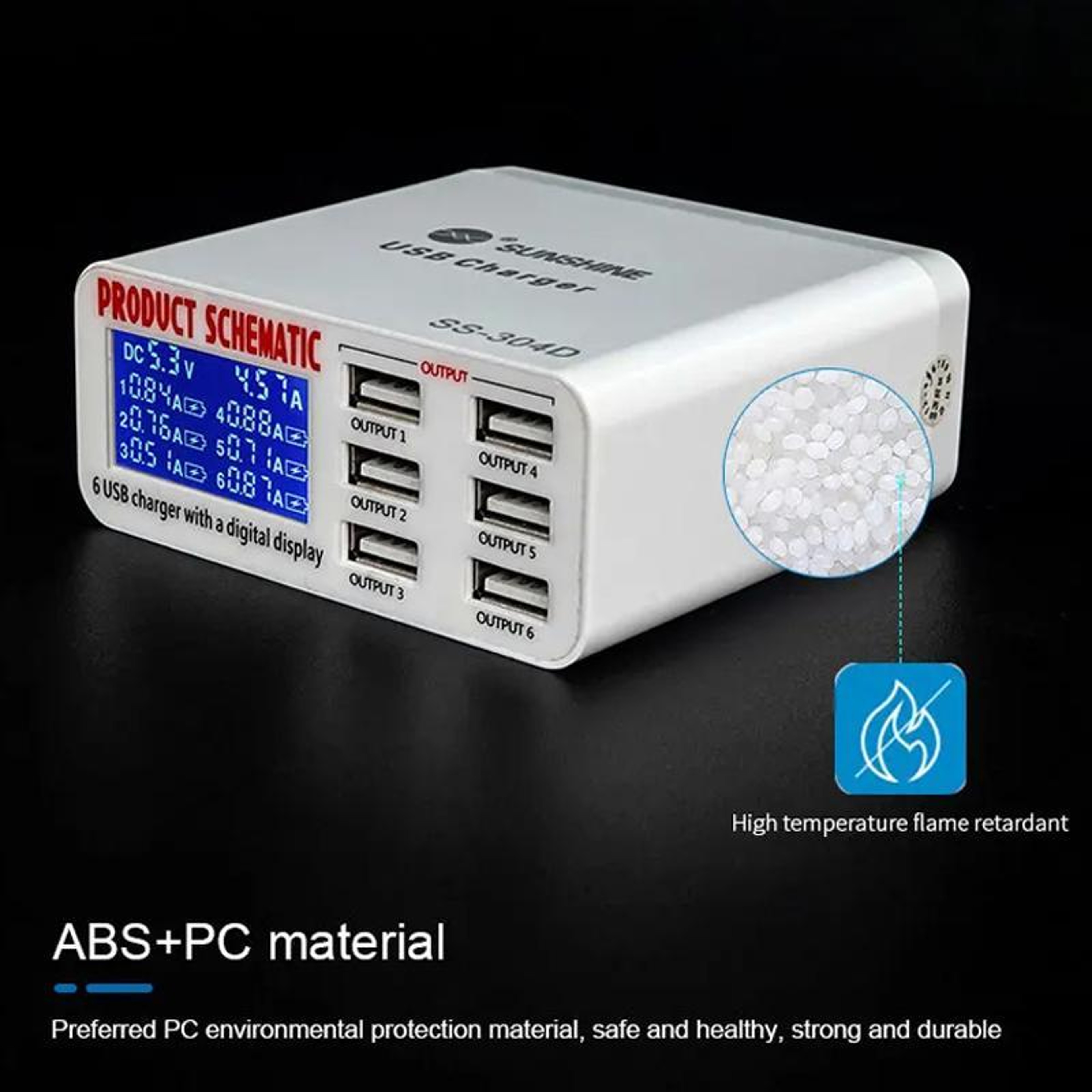 SUNSHINE SS304D 6 Port USB Charger With Digital Display Fast Charging Station 7