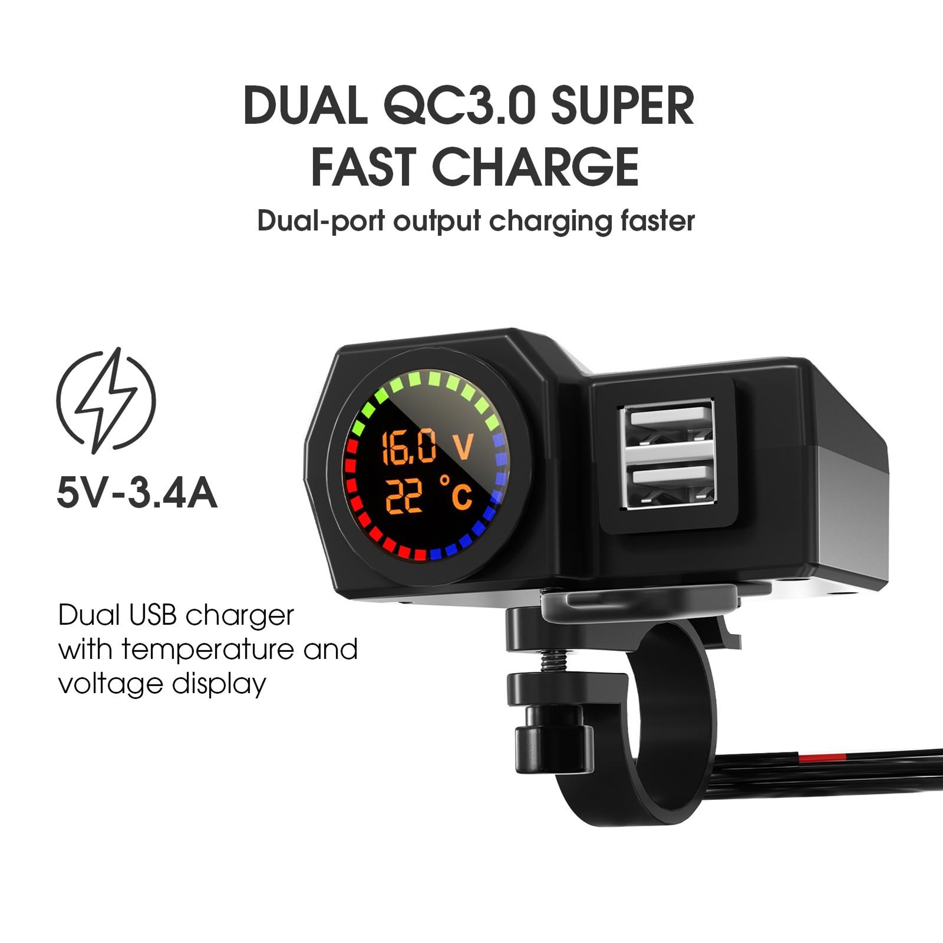 WUPP CS1747A1 Motorcycle USB Charger With Dual USB Ports Voltage Display 6