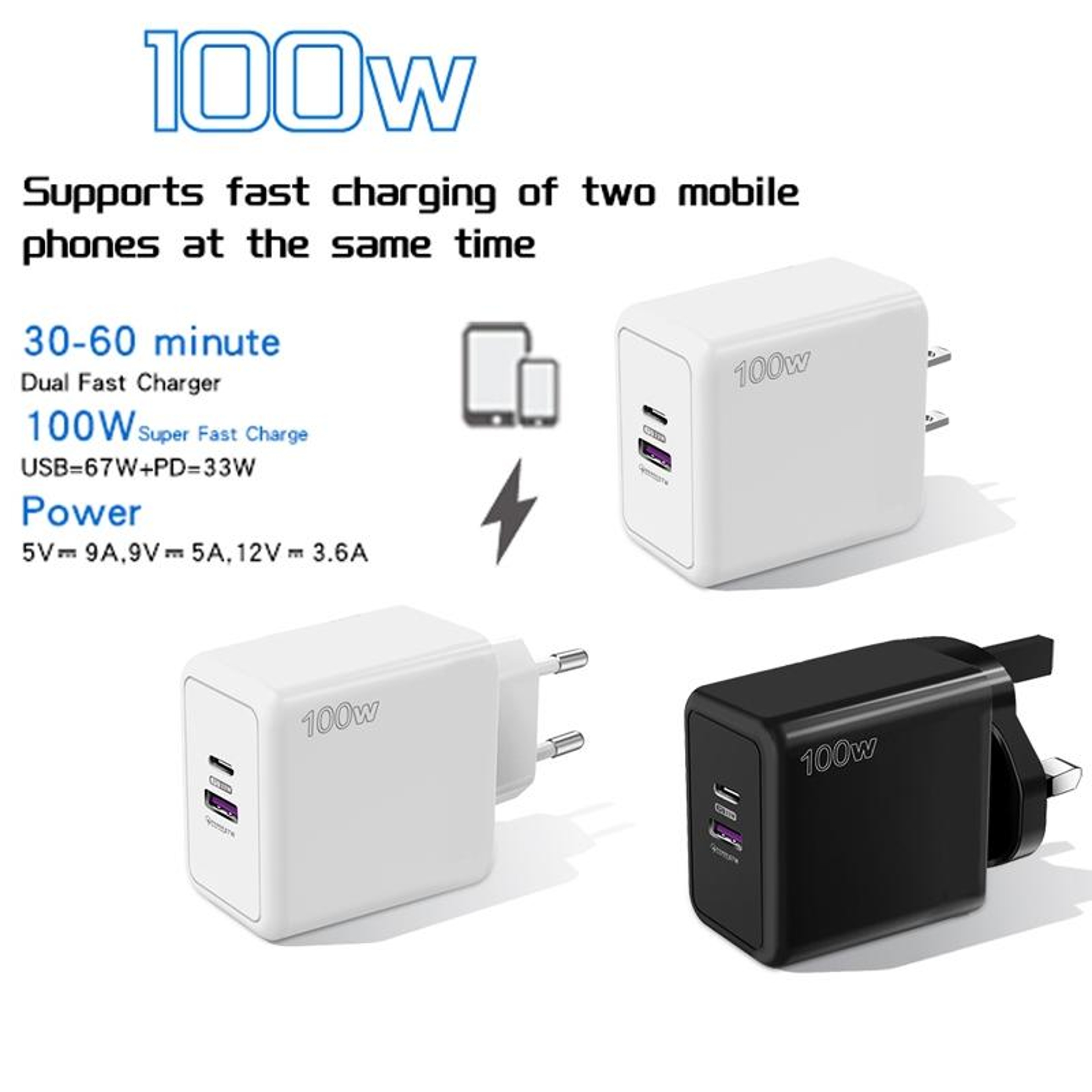 67W USB Charger With PD 33W Fast Charging QC50 Dual Port USB Wall Charger US Plug 6